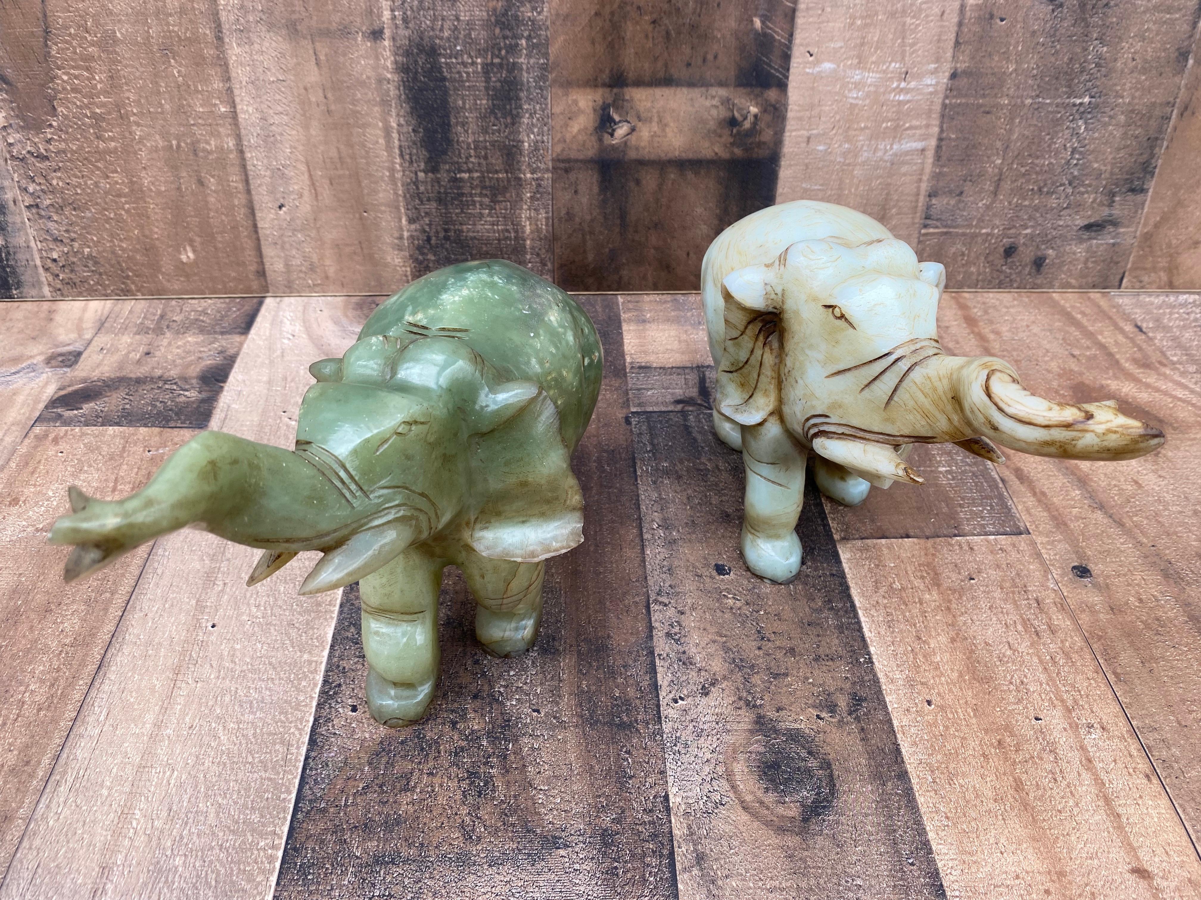 Unknown Vintage Asian Carved Jade Style Stone Elephant Figurines - Set of 2