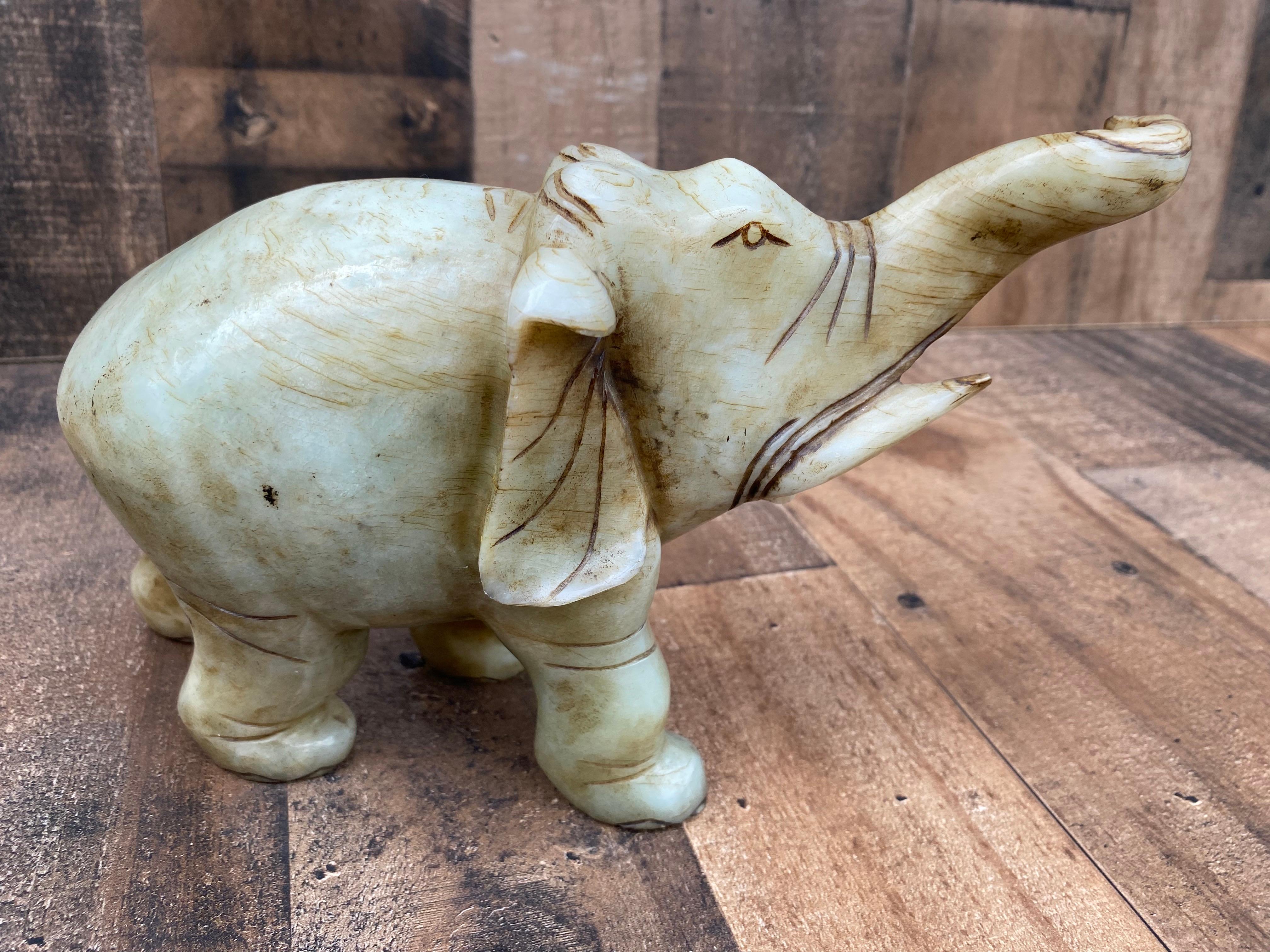 Hand-Carved Vintage Asian Carved Jade Style Stone Elephant Figurines - Set of 2