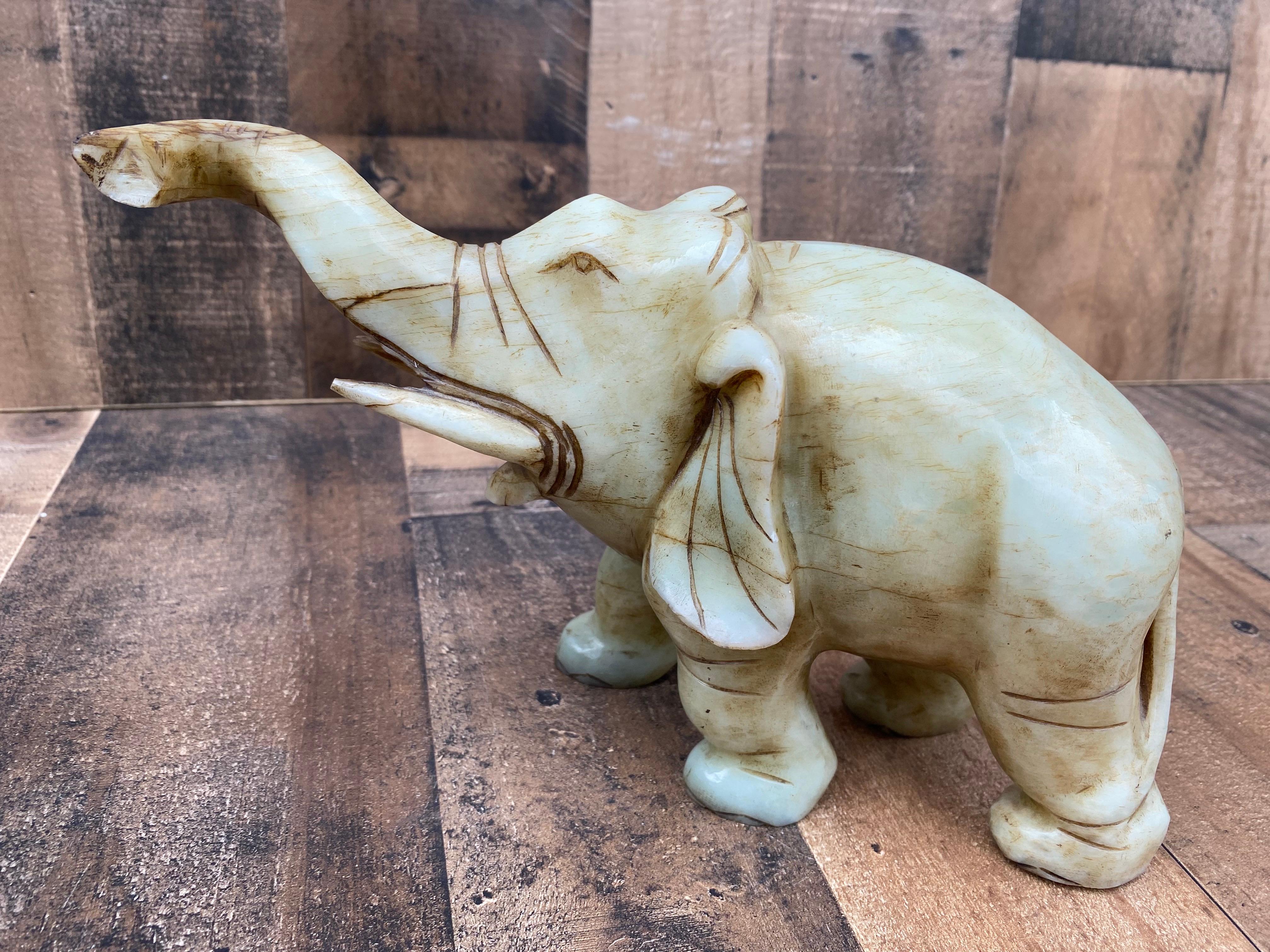 Vintage Asian Carved Jade Style Stone Elephant Figurines - Set of 2 In Good Condition In Chicago, IL
