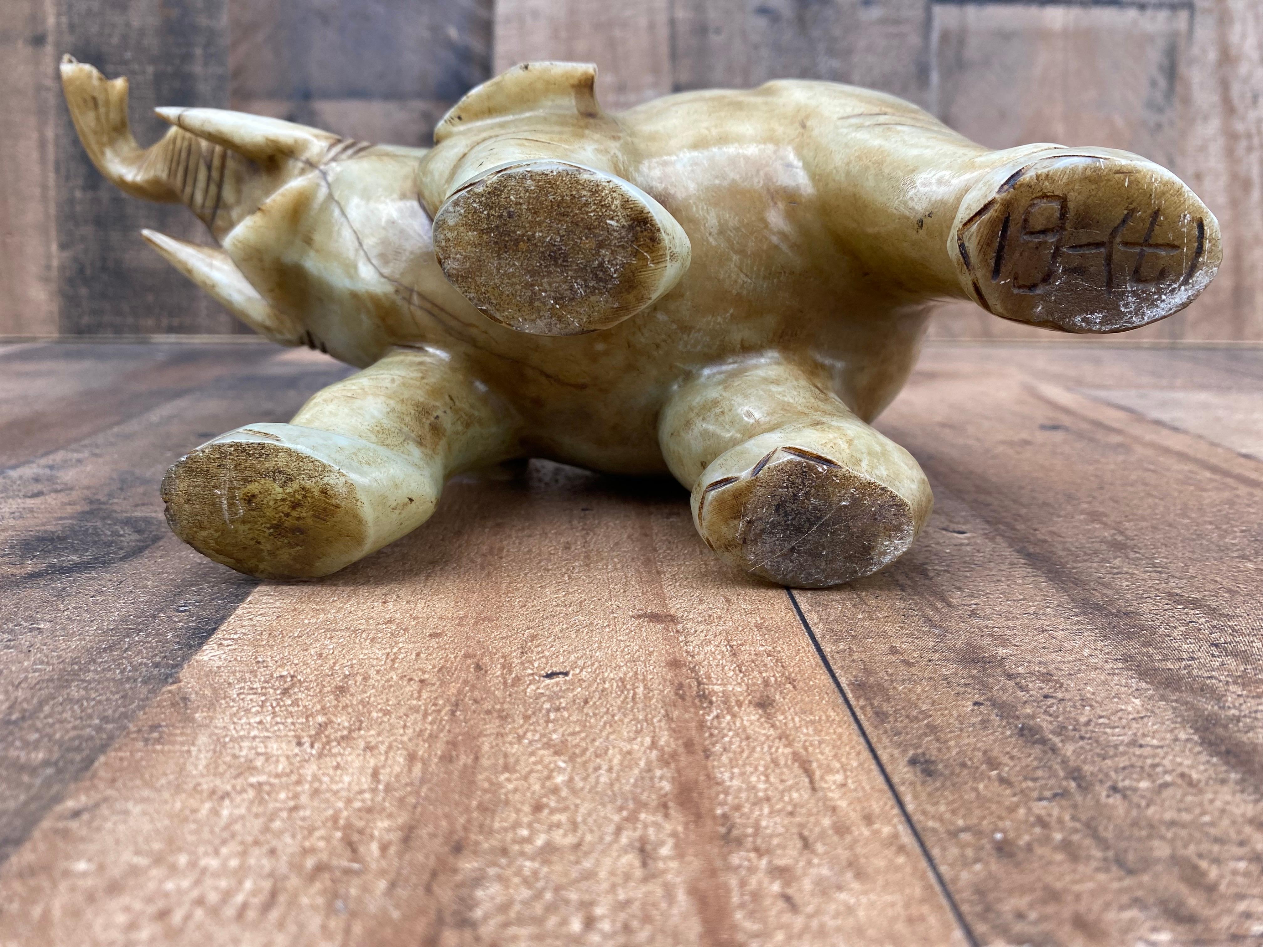 20th Century Vintage Asian Carved Jade Style Stone Elephant Figurines - Set of 2