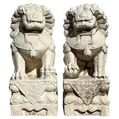 Vintage Asian Carved Stone Foo Dogs - A Pair