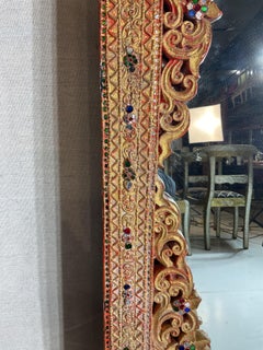 Vintage Asian Carved Wooden Mirror with Embellishments