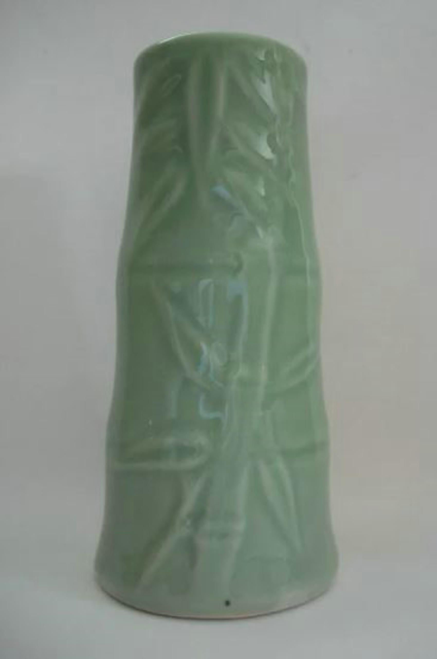 Qing Vintage Asian Celadon Glazed Vase, Bamboo Form, Unsigned, Mid 20th Century For Sale
