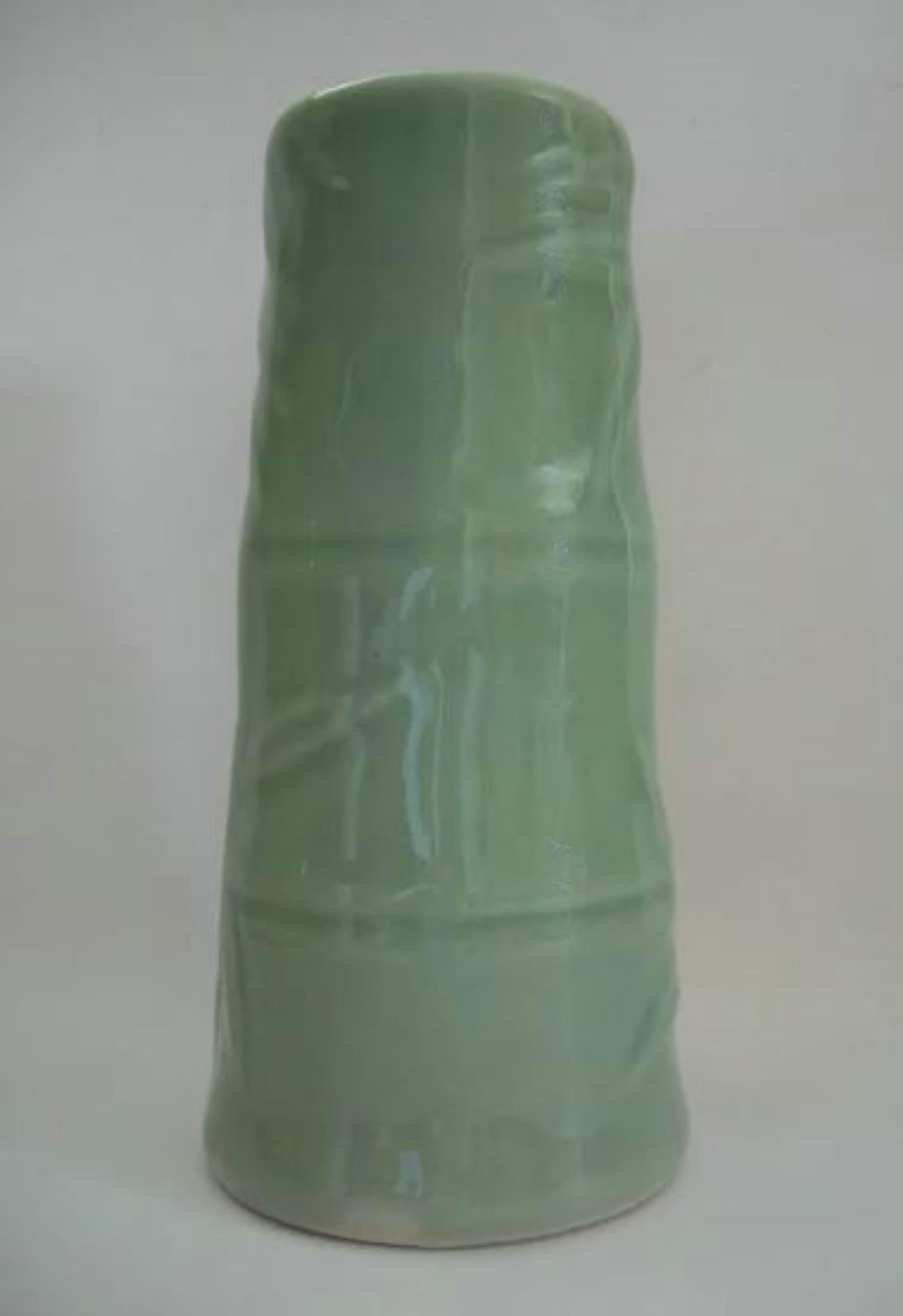 Porcelain Vintage Asian Celadon Glazed Vase, Bamboo Form, Unsigned, Mid 20th Century For Sale