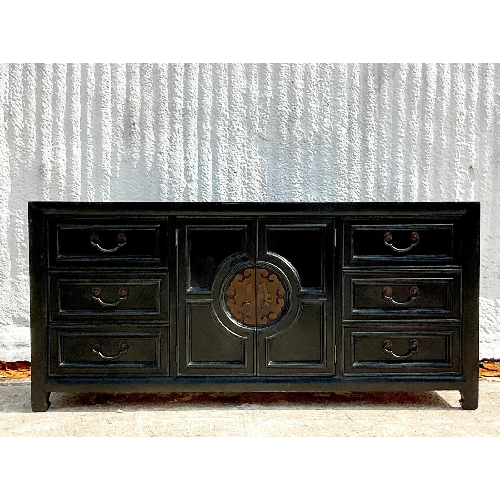 Vintage Asian Century Furniture Ming Medallion Credenza In Good Condition In west palm beach, FL