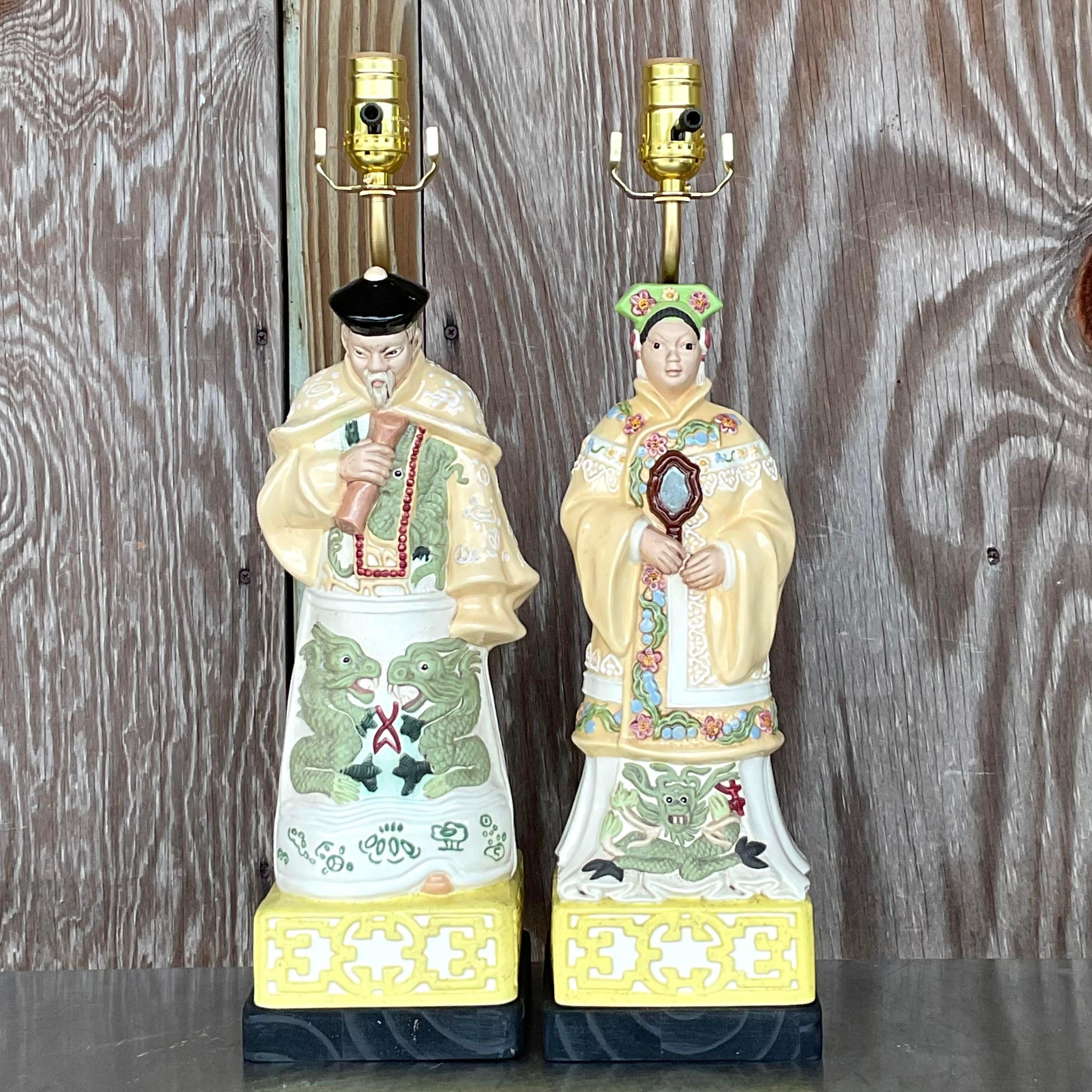 Vintage Asian Ceramic Emperor Lamps - a Pair For Sale 4