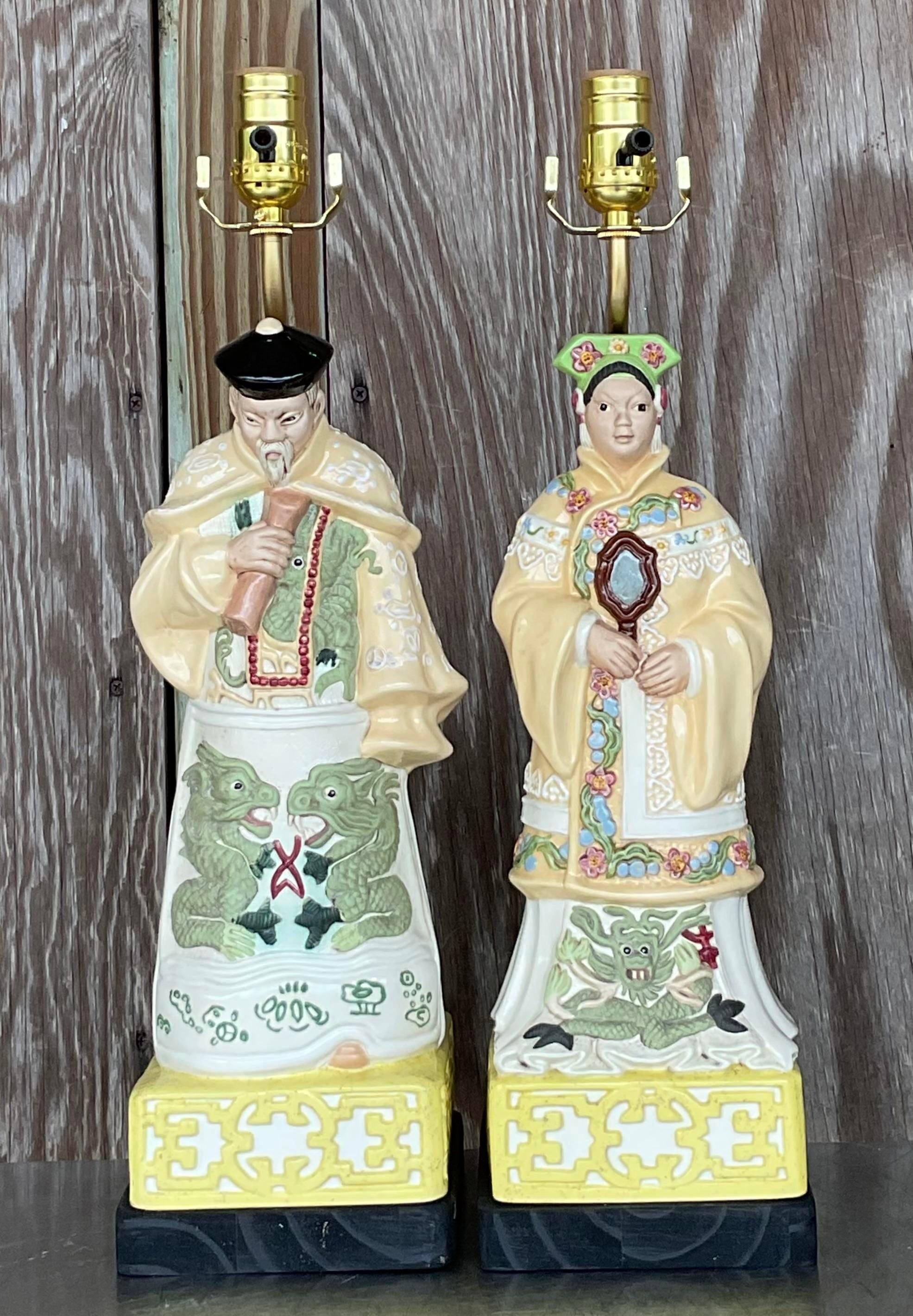 Vintage Asian Ceramic Emperor Lamps - a Pair For Sale 5