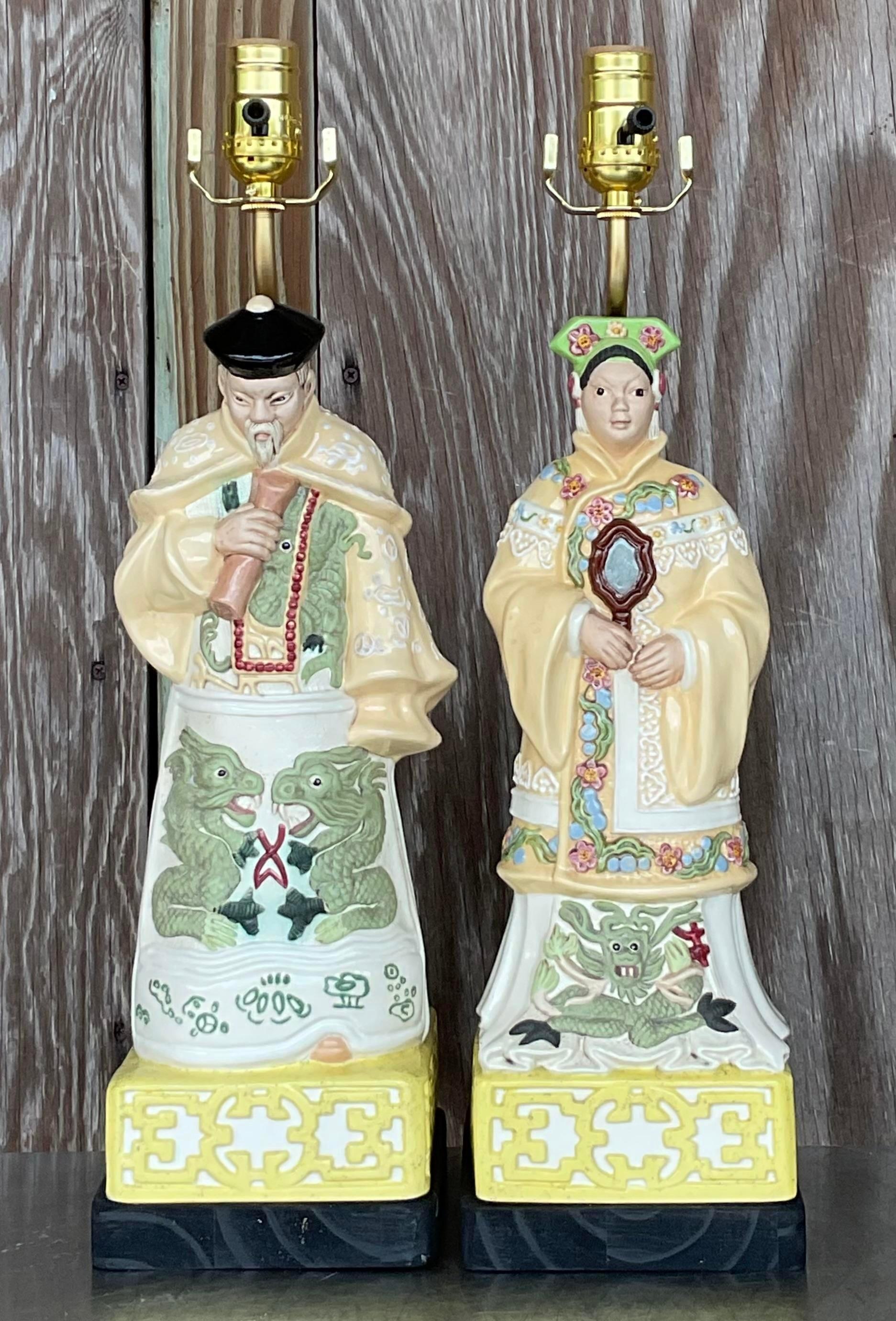Vintage Asian Ceramic Emperor Lamps - a Pair For Sale 6