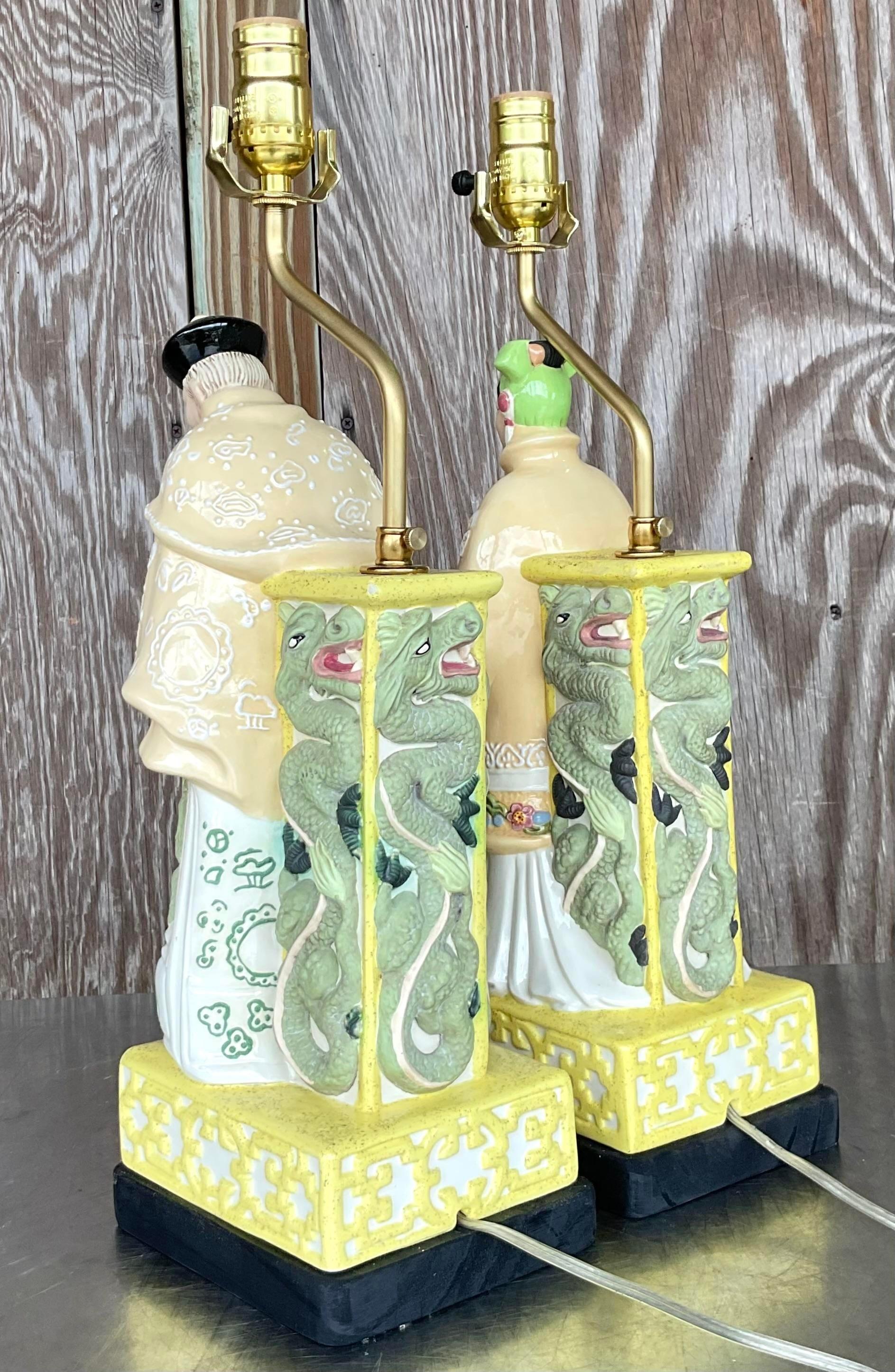 Metal Vintage Asian Ceramic Emperor Lamps - a Pair For Sale