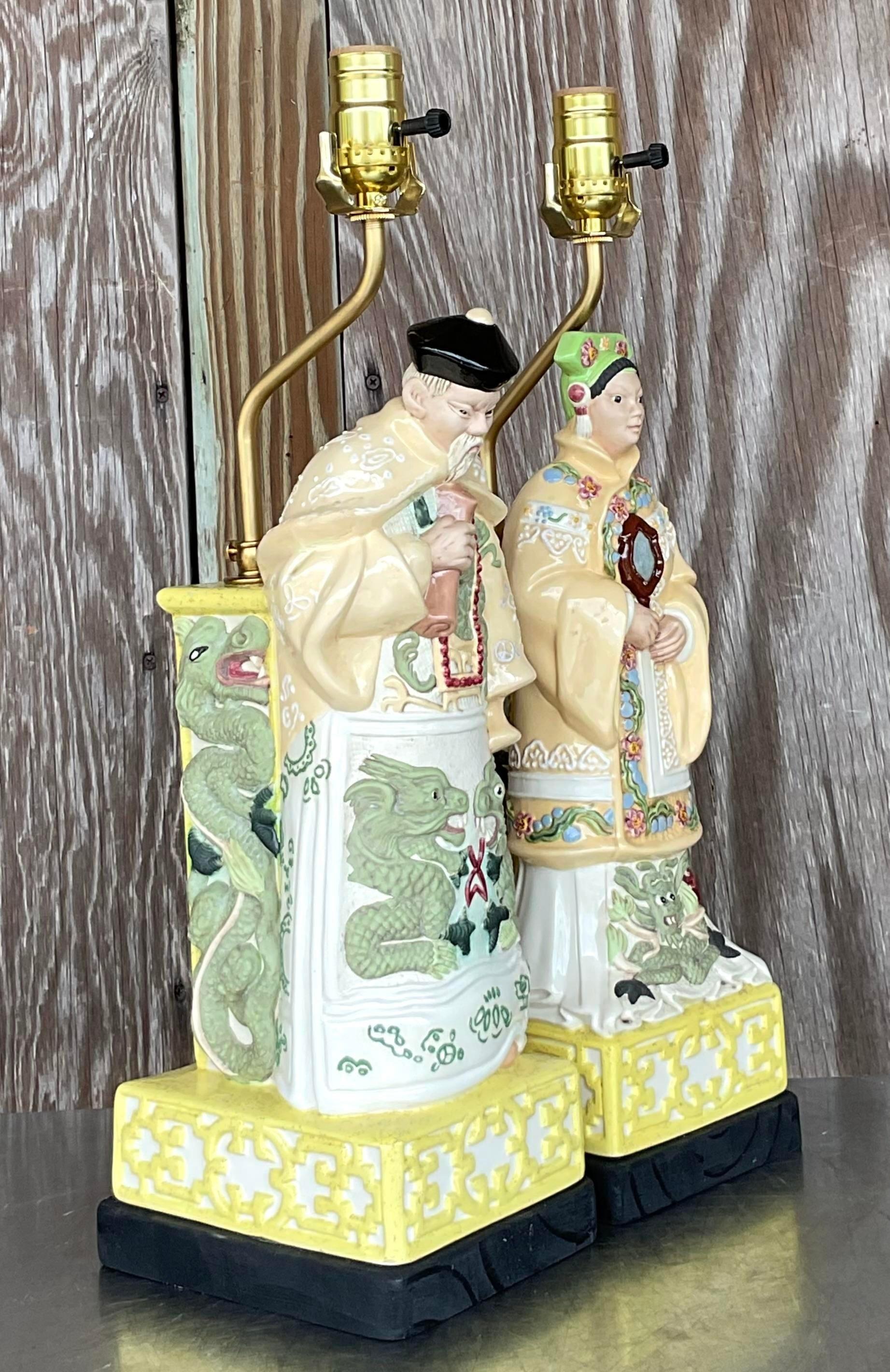 Vintage Asian Ceramic Emperor Lamps - a Pair For Sale 1