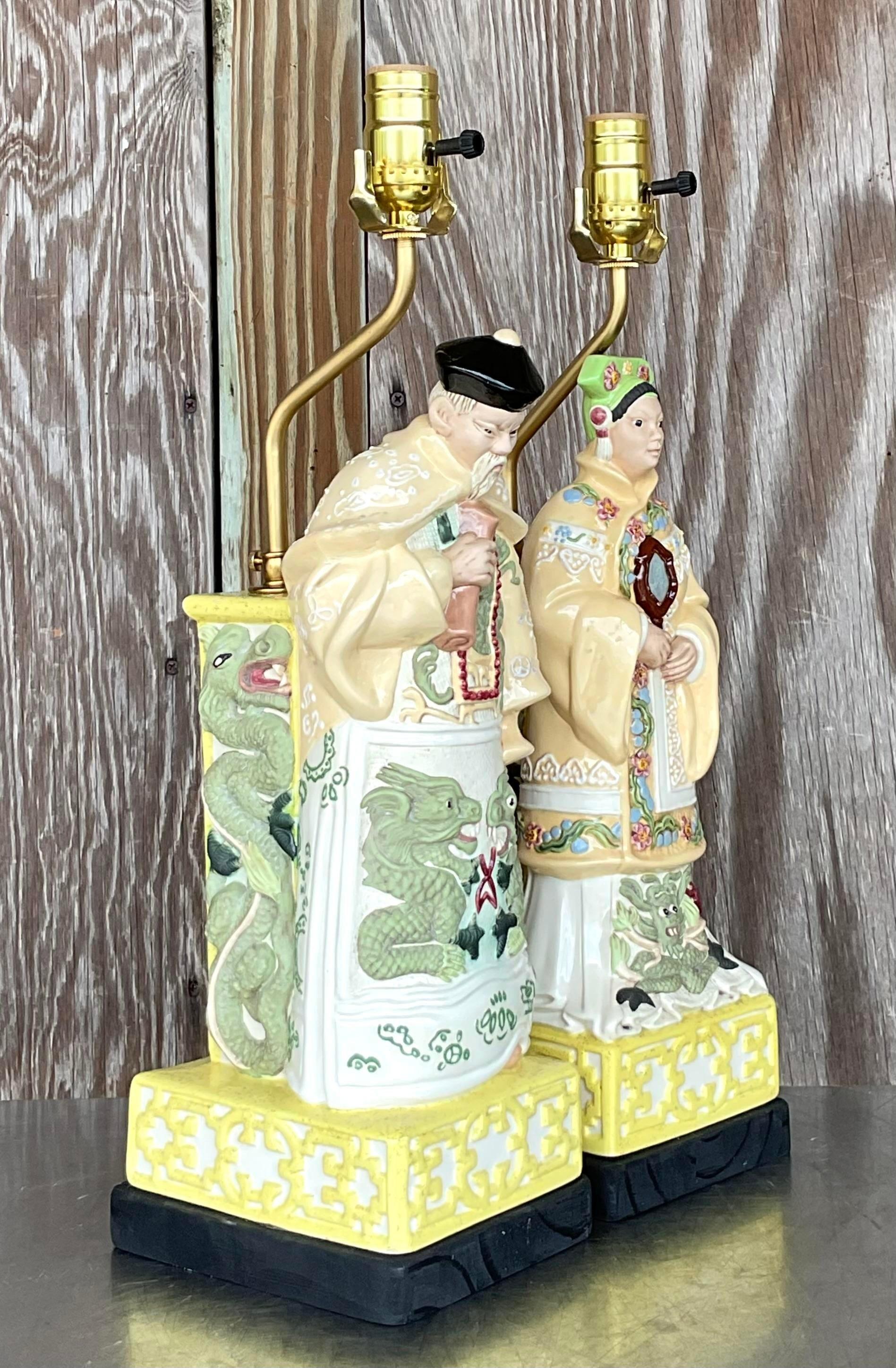 Vintage Asian Ceramic Emperor Lamps - a Pair For Sale 2
