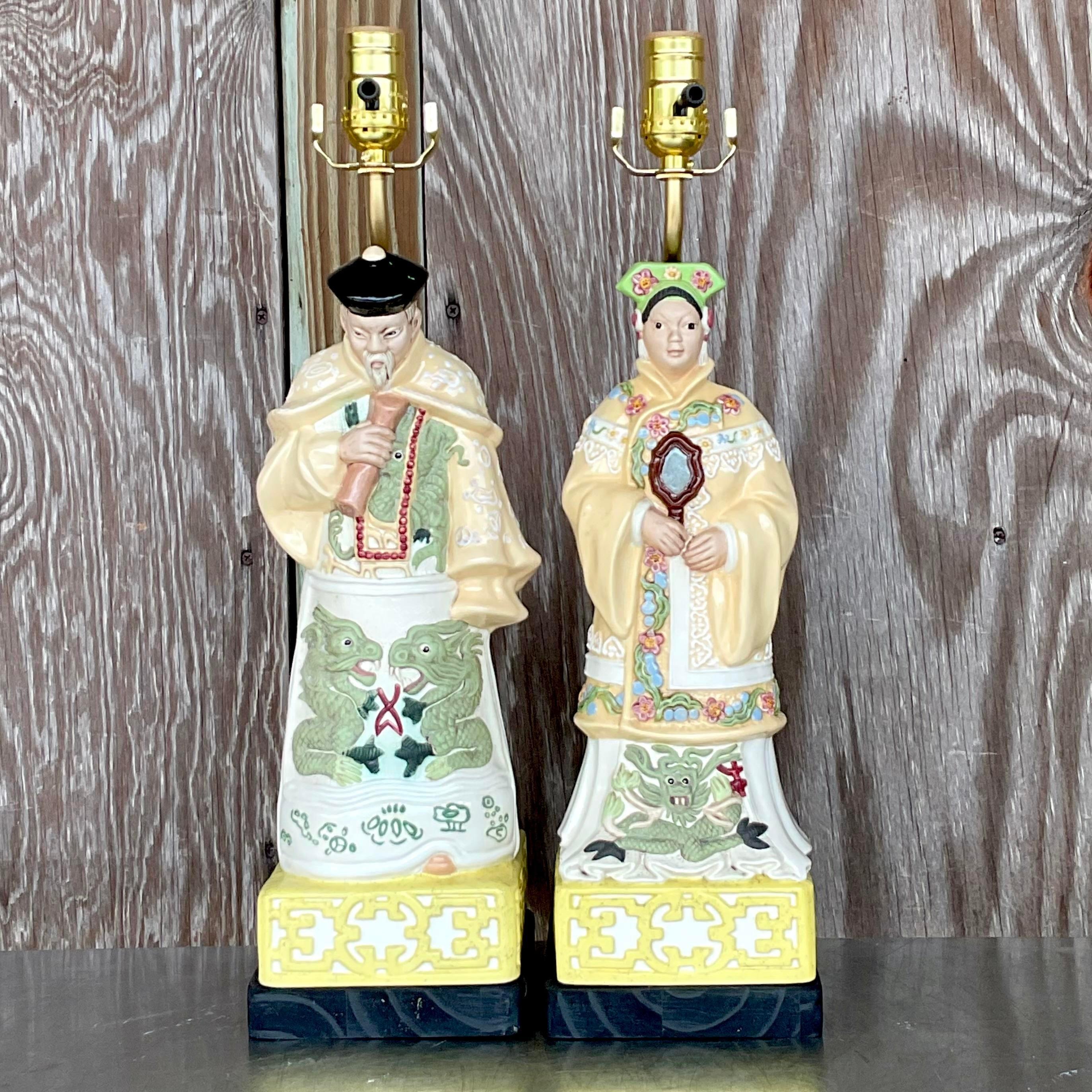 Vintage Asian Ceramic Emperor Lamps - a Pair For Sale 3