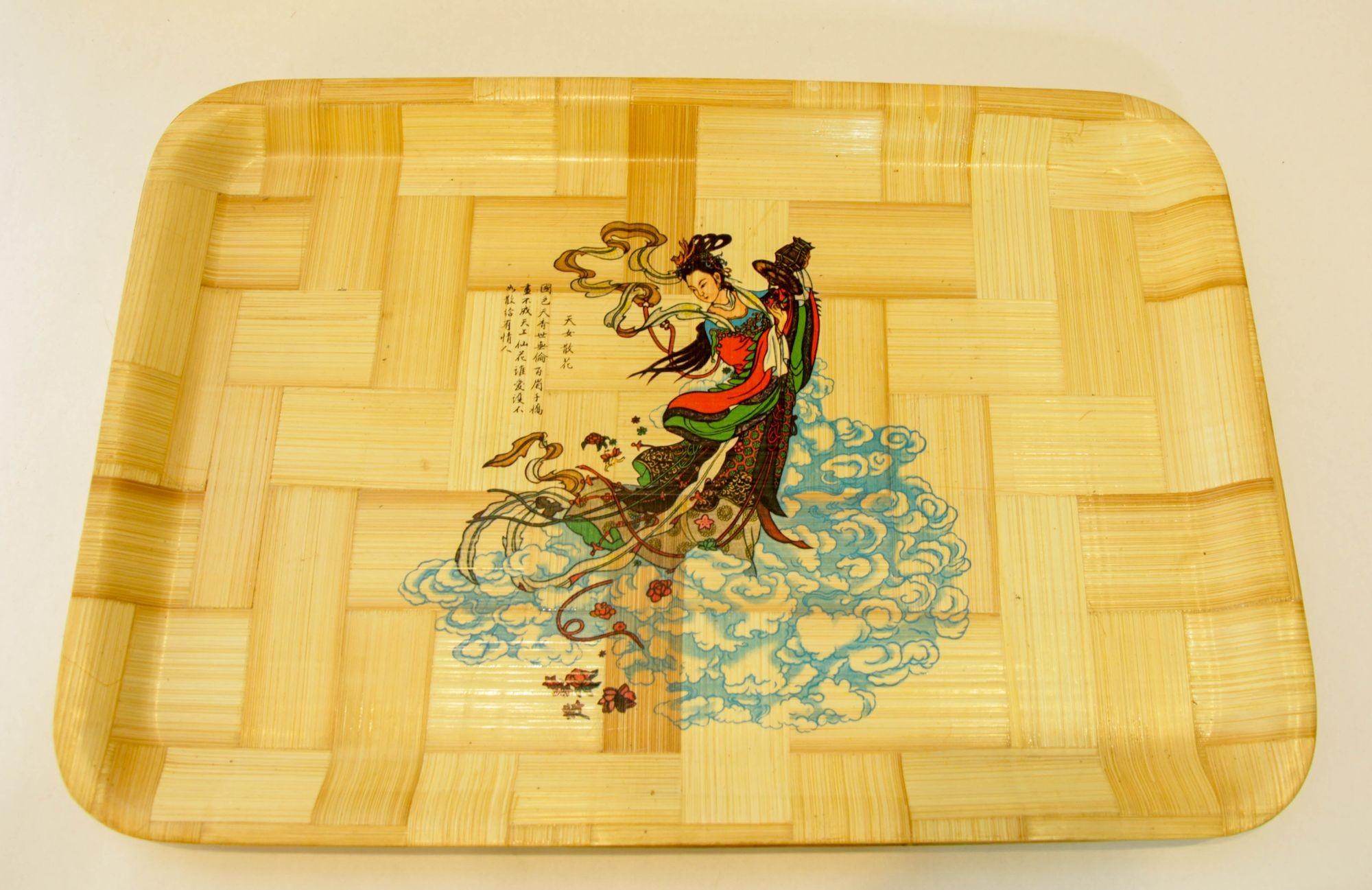 Vintage Asian Chinese Bamboo Large rectangular Serving Tray For Sale 1