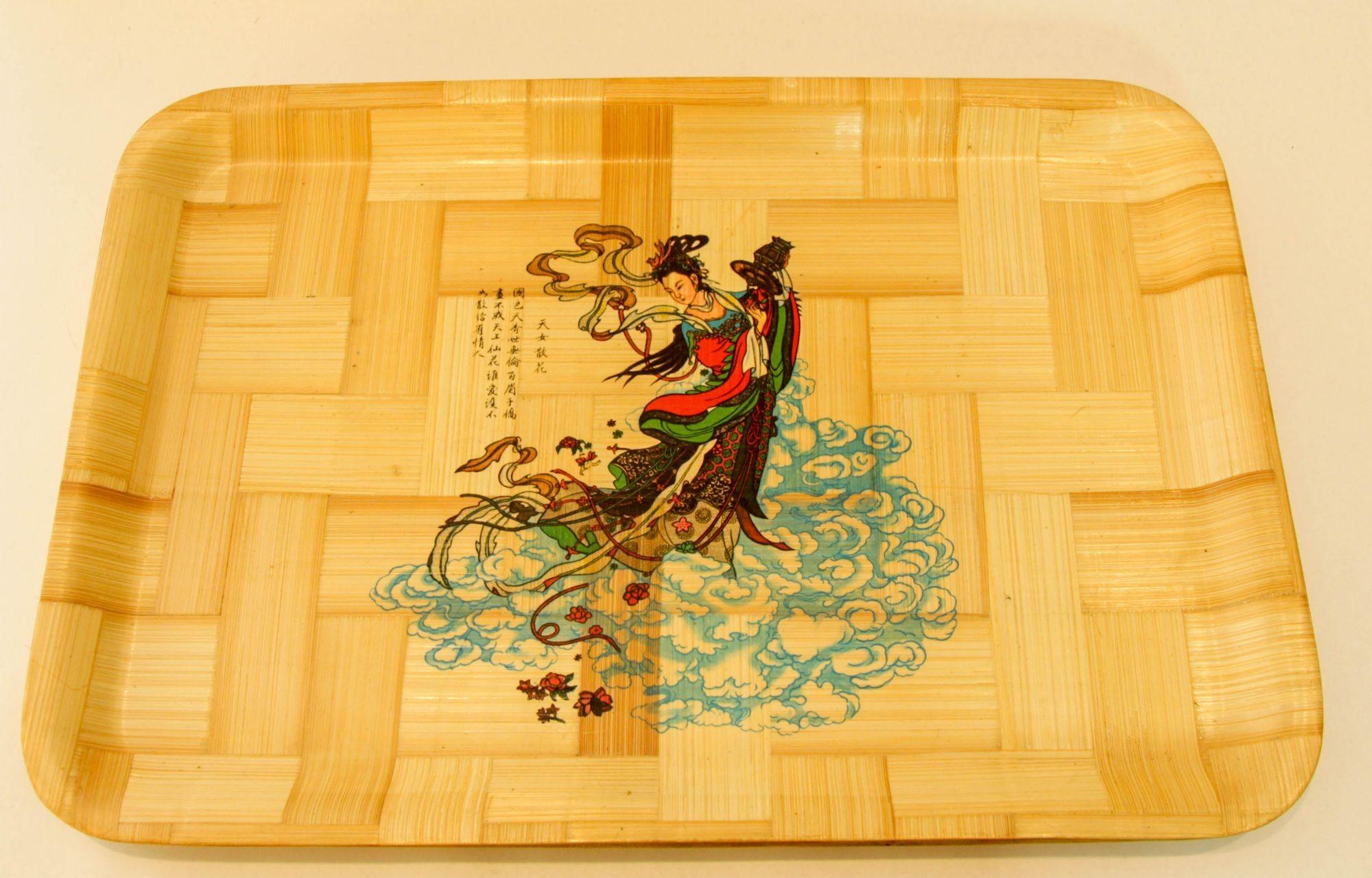 Vintage Asian Chinese Bamboo Large rectangular Serving Tray For Sale 2