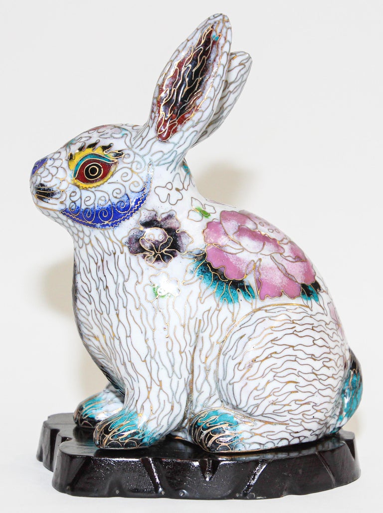 Chinese Export Vintage Asian Chinese Cloisonné White Rabbit