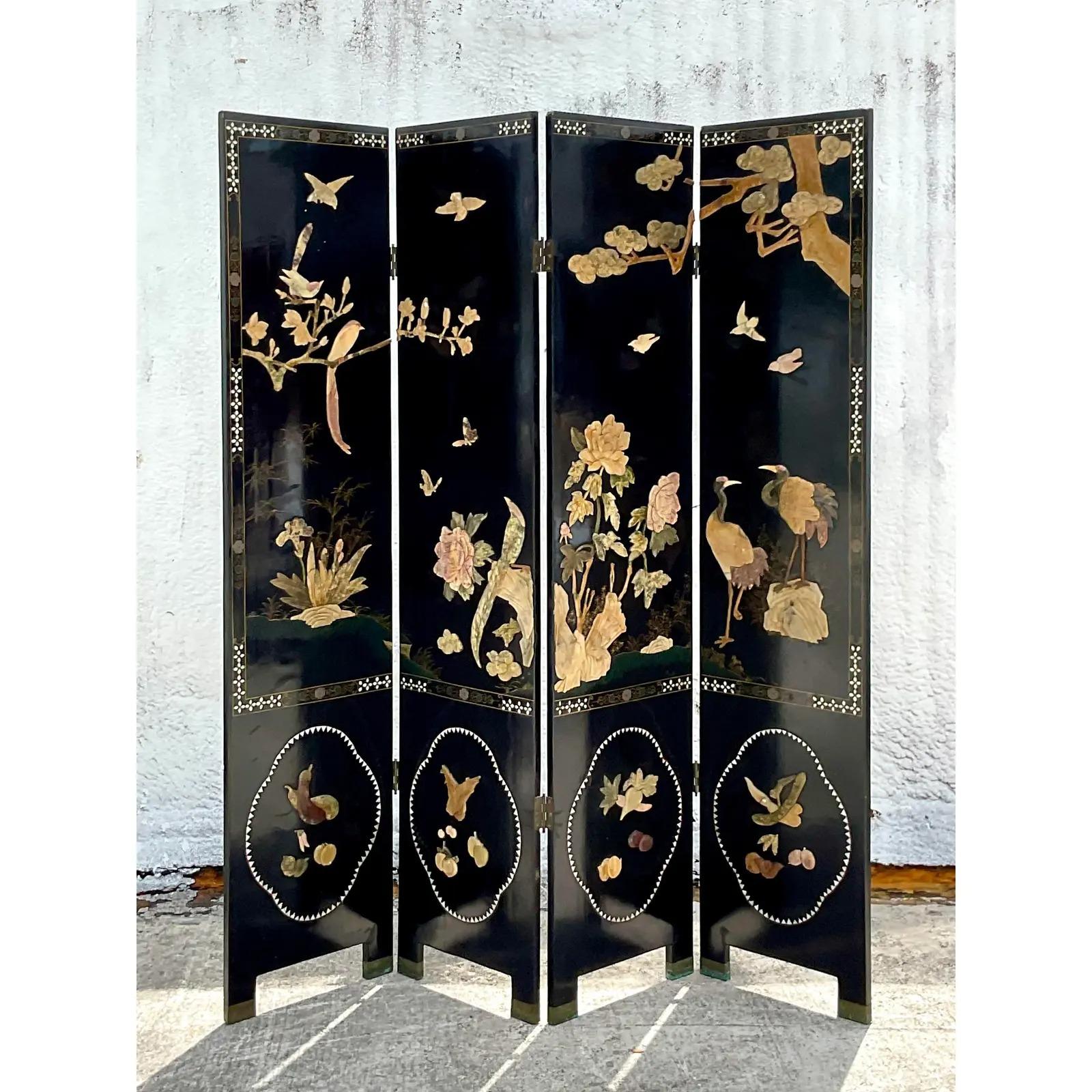 Vintage Asian Chinese Lacquered Four Panel Folding Screen For Sale 4