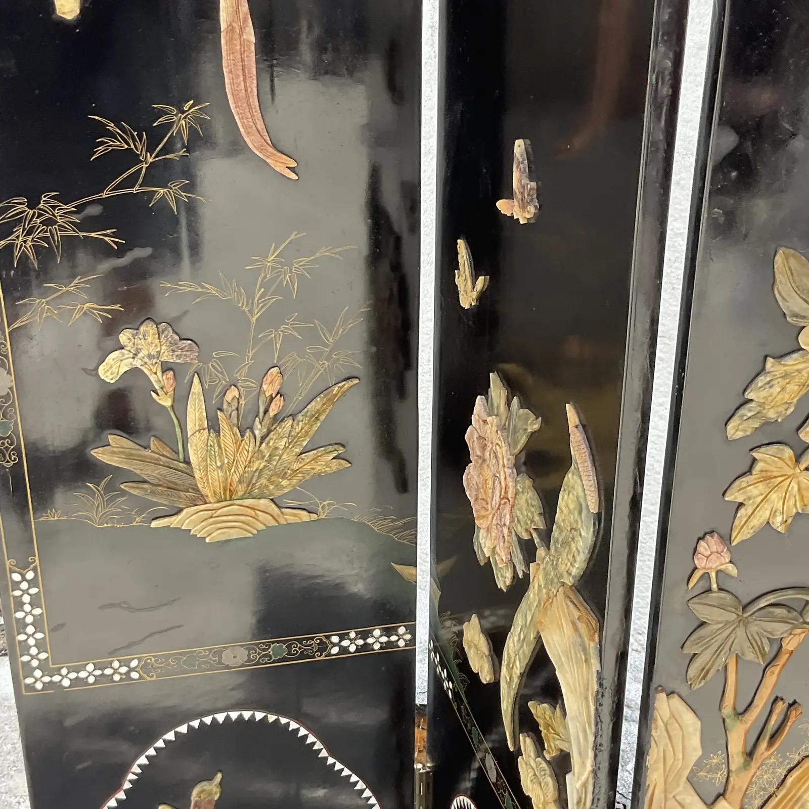Vintage Asian Chinese Lacquered Four Panel Folding Screen For Sale 5