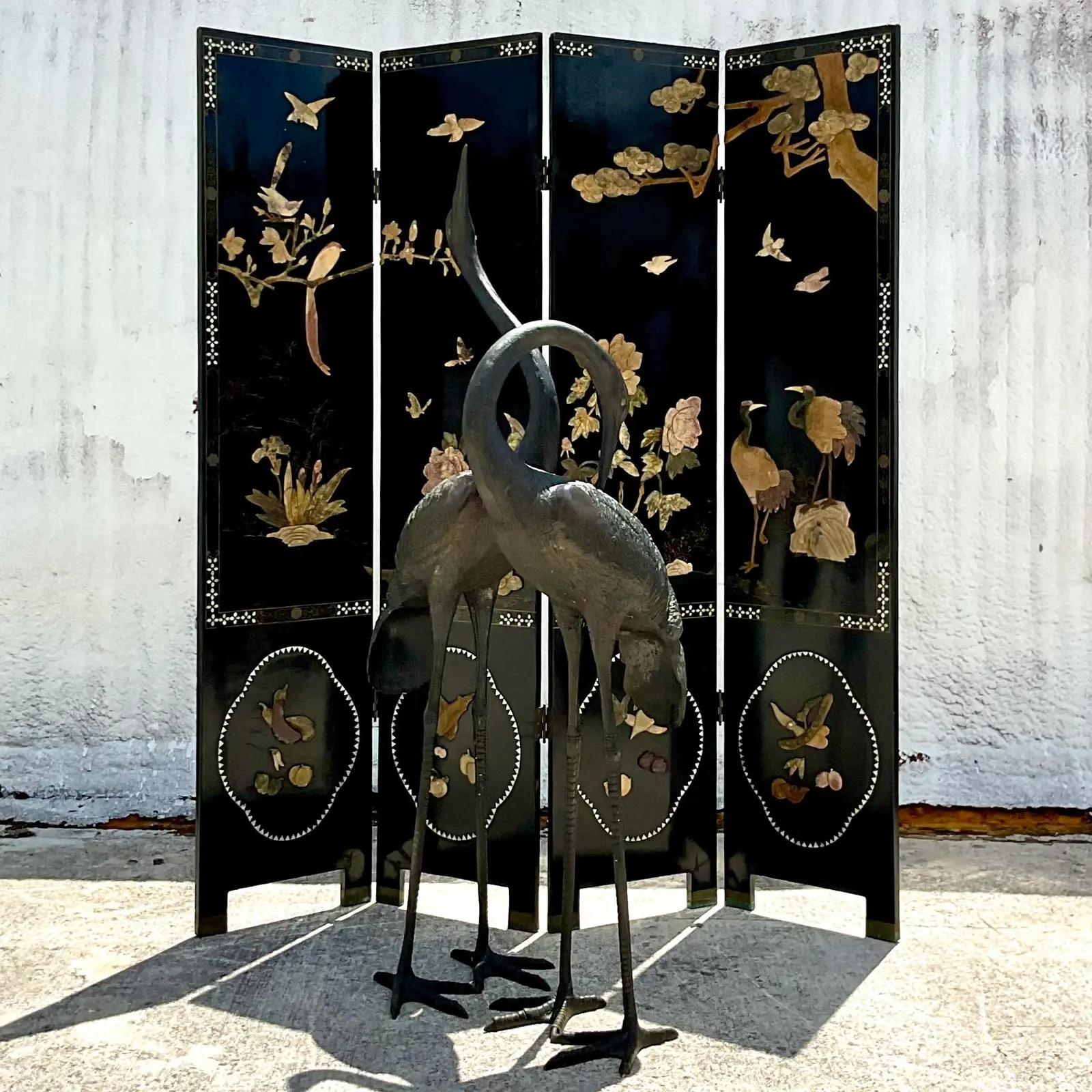 Vintage Asian Chinese Lacquered Four Panel Folding Screen In Good Condition For Sale In west palm beach, FL