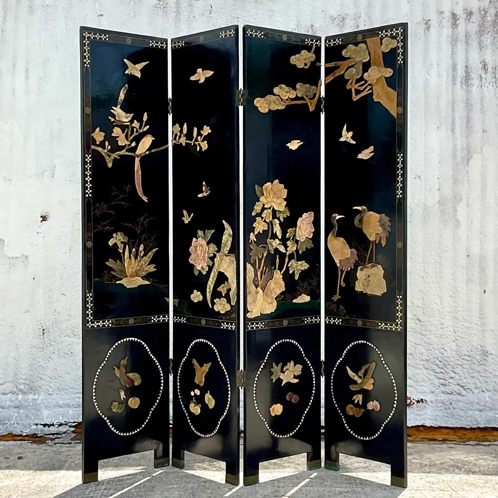 Stone Vintage Asian Chinese Lacquered Four Panel Folding Screen For Sale