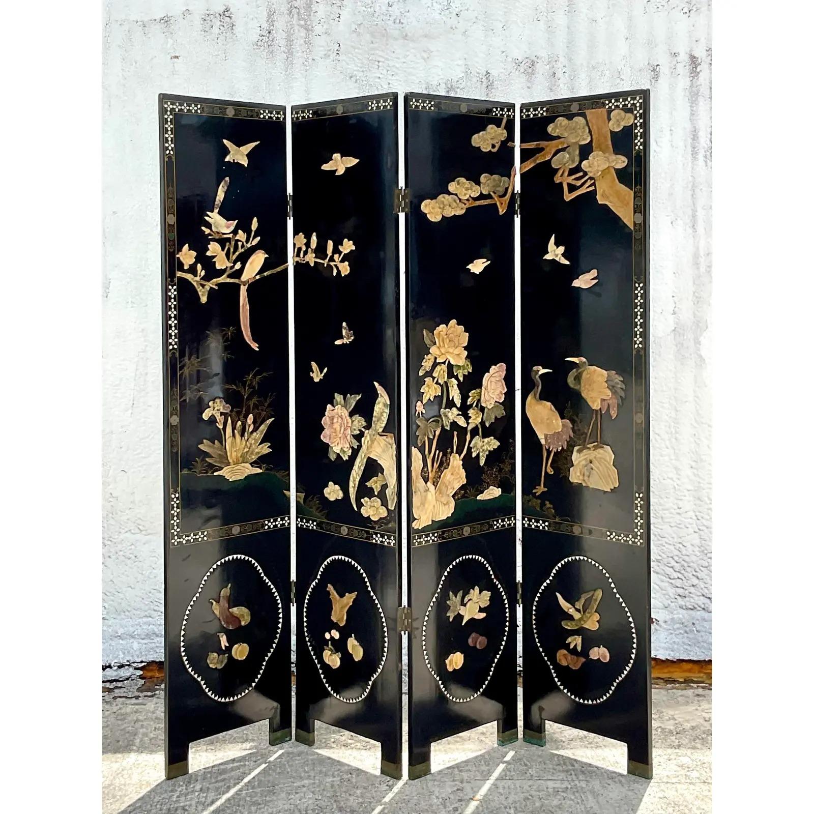 Vintage Asian Chinese Lacquered Four Panel Folding Screen For Sale 2