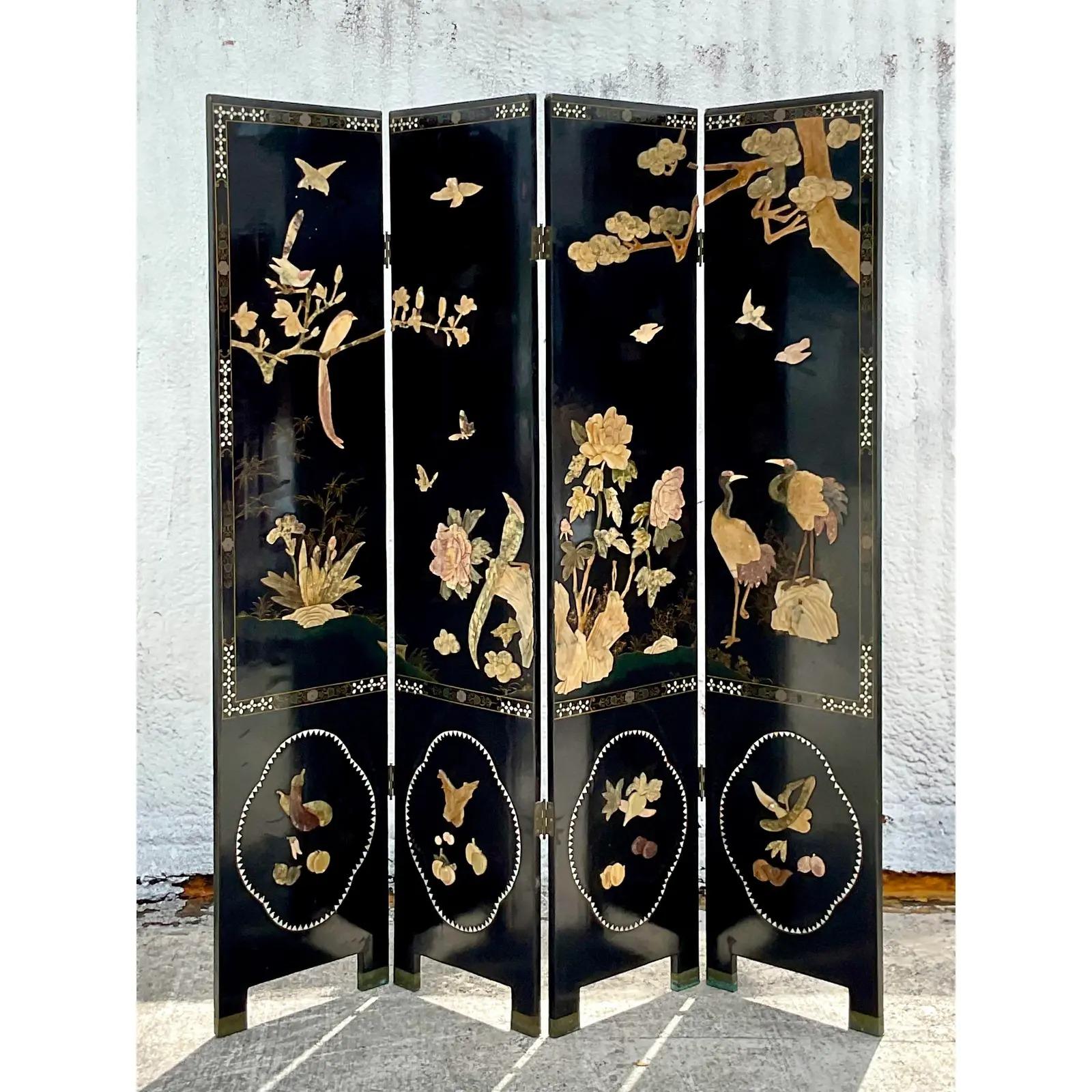 Vintage Asian Chinese Lacquered Four Panel Folding Screen For Sale 3