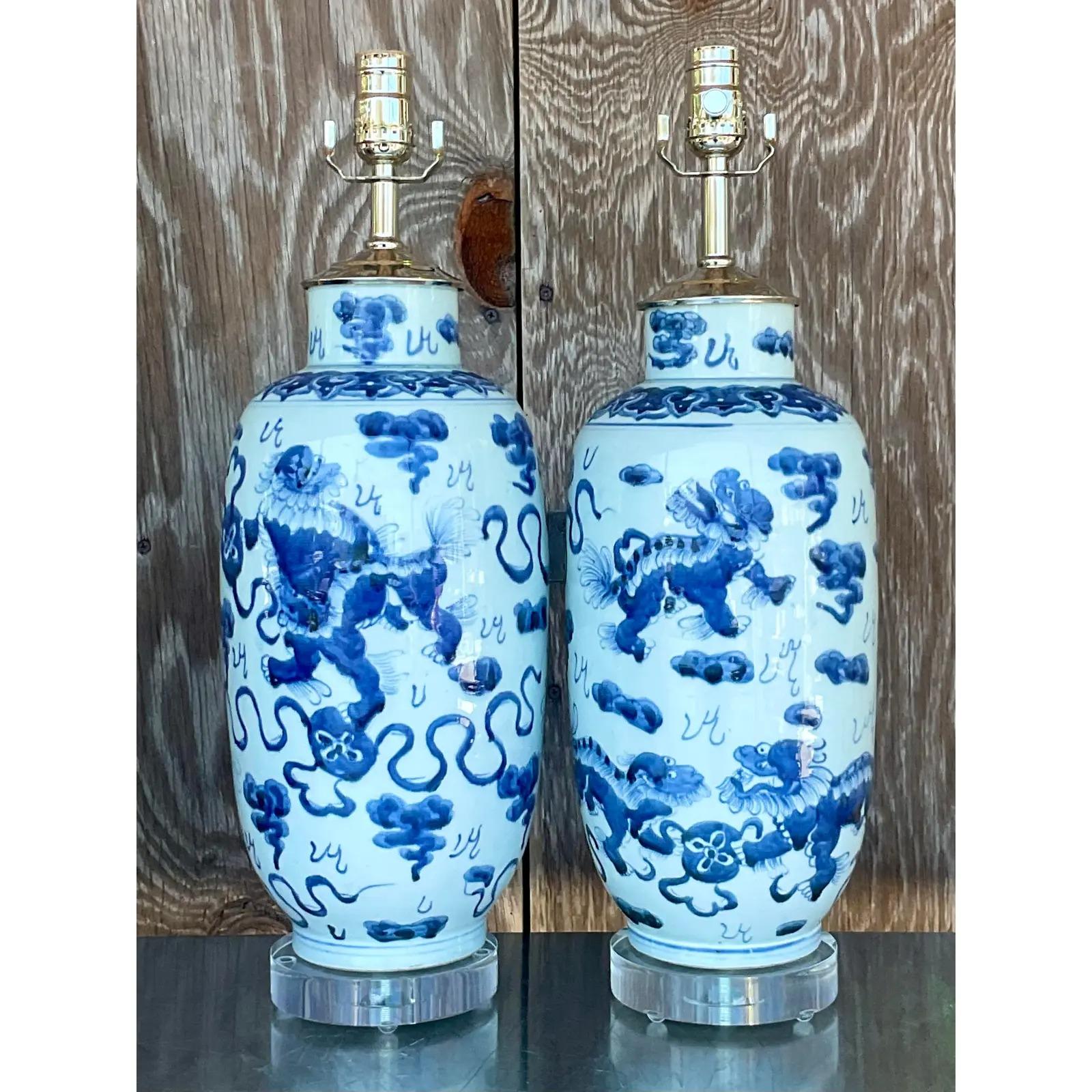 Vintage Asian Chinese Porcelain Foo Dog Lamps, a Pair 3