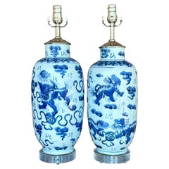 Vintage Asian Chinese Porcelain Foo Dog Lamps, a Pair