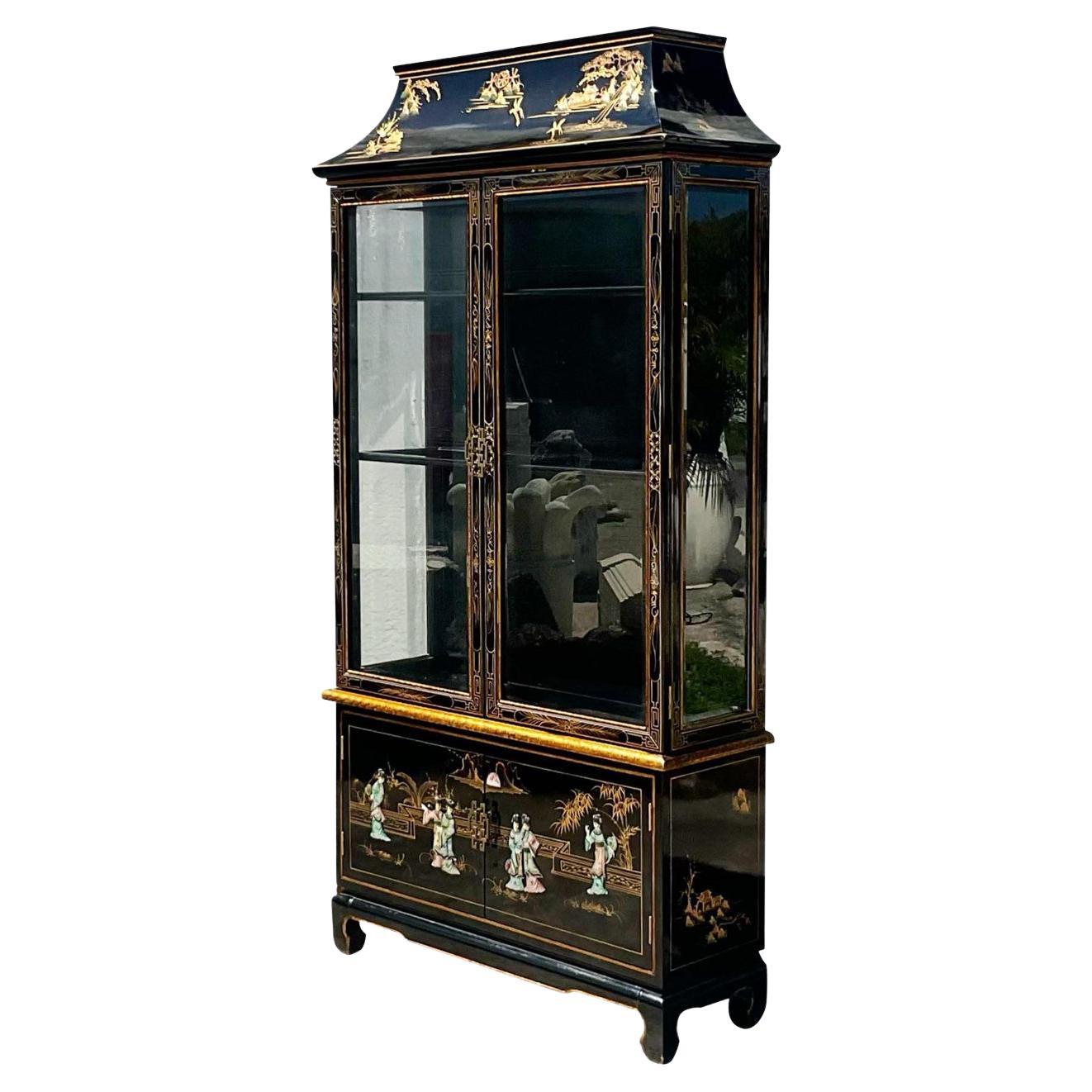 Vintage Asian Chinoiserie Black Pagoda Cabinet