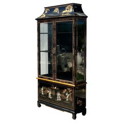 Vintage Asian Chinoiserie Black Pagoda Cabinet