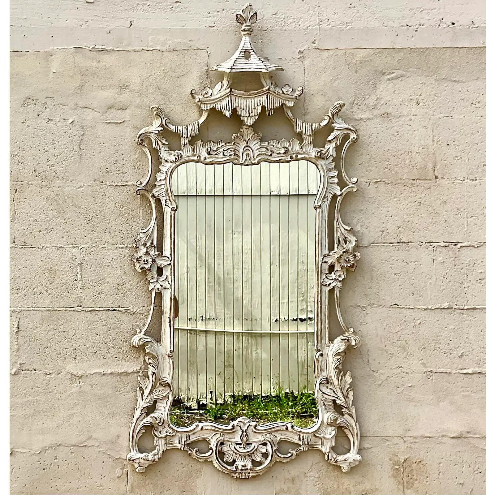 Vintage Asian Chinoiserie Carved Pagoda Mirror In Good Condition In west palm beach, FL