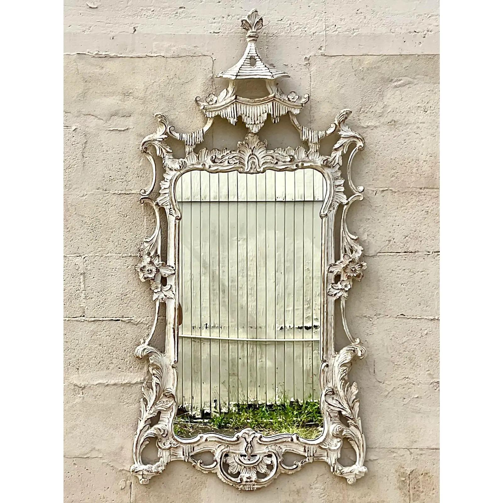 Vintage Asian Chinoiserie Carved Pagoda Mirror 1