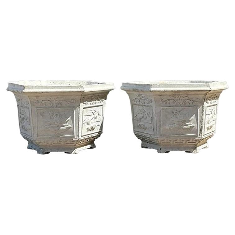 Vintage Asian Chinoiserie Cast Concrete Planters - A Pair For Sale