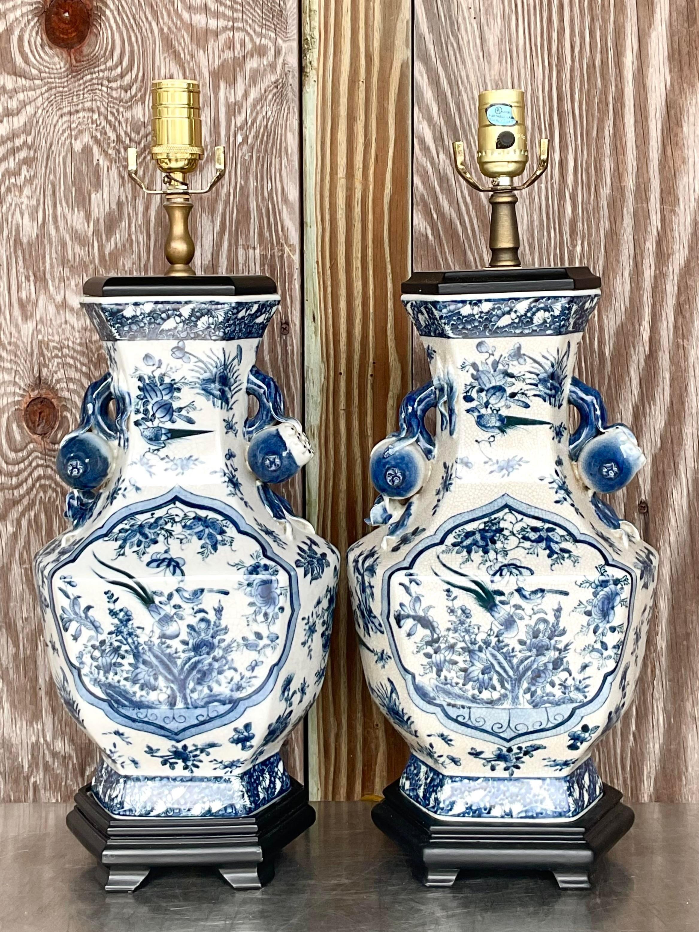 20th Century Vintage Asian Chinoiserie Ceramic Lamps - a Pair For Sale