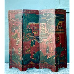 Vintage Asian Chinoiserie Four Panel Screen