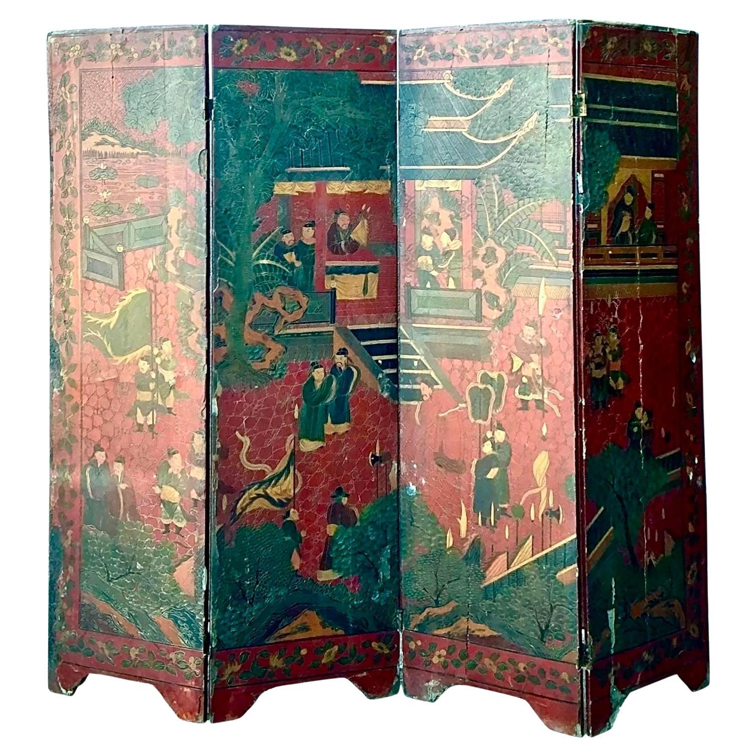Biombo vintage de cuatro paneles de Chinoiserie asiática