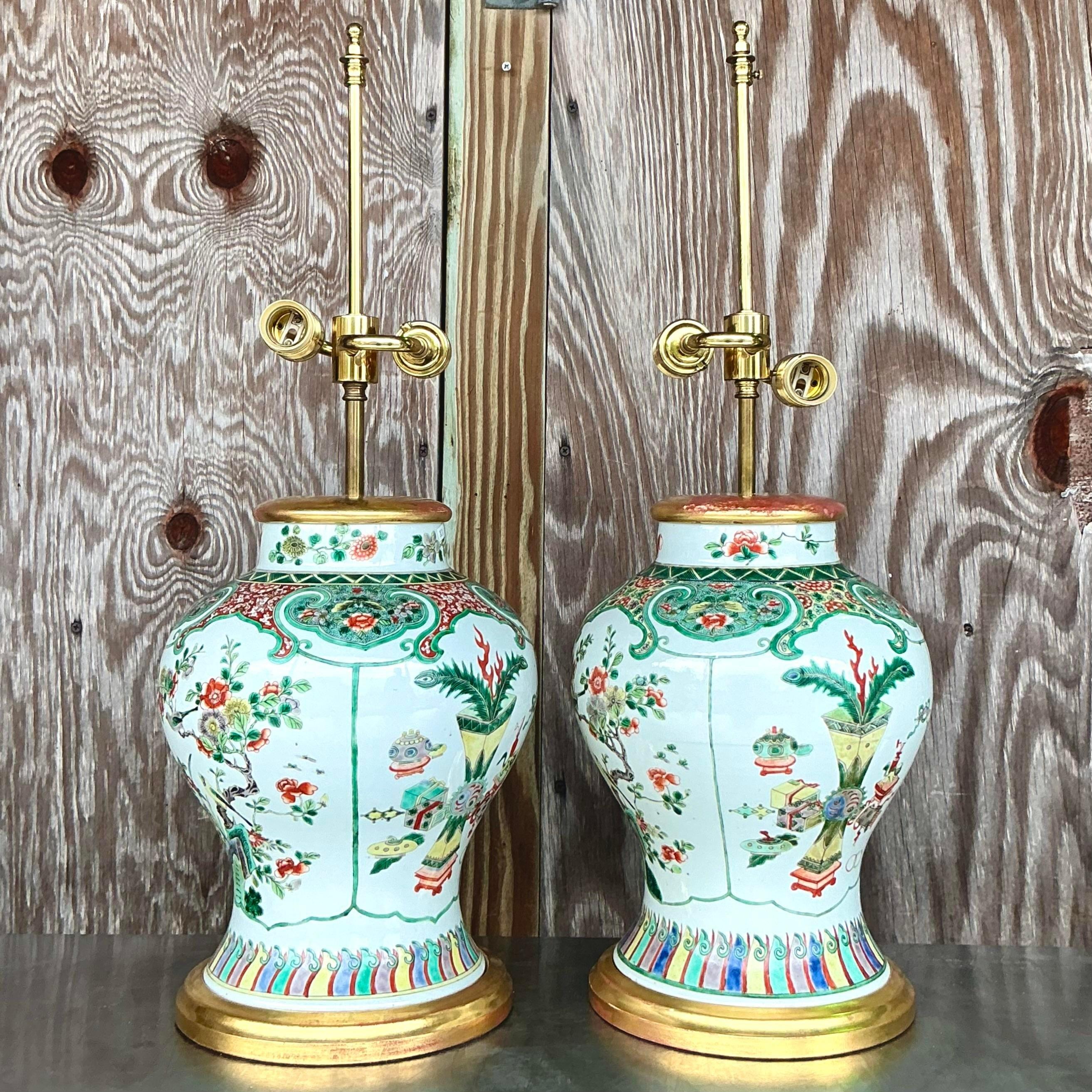 Chinese Vintage Asian Chinoiserie Glazed Ceramic Lamps - a Pair For Sale