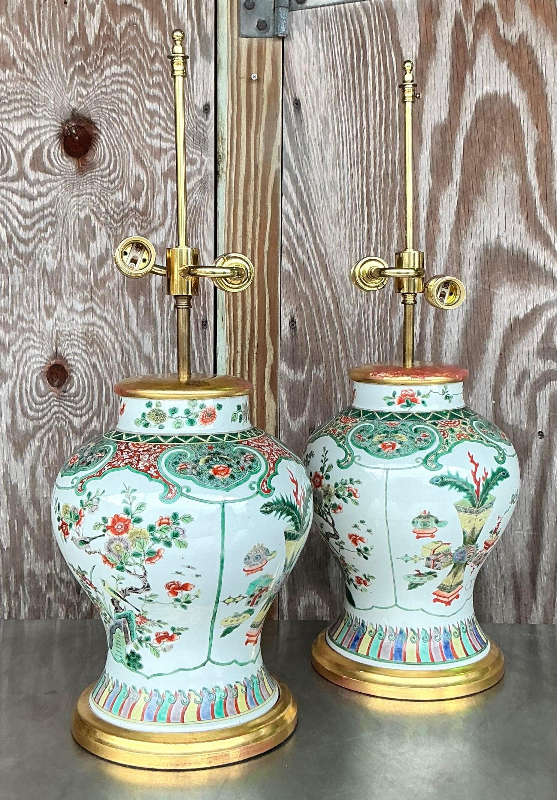 Vintage Asian Chinoiserie Glazed Ceramic Lamps - a Pair In Good Condition For Sale In west palm beach, FL