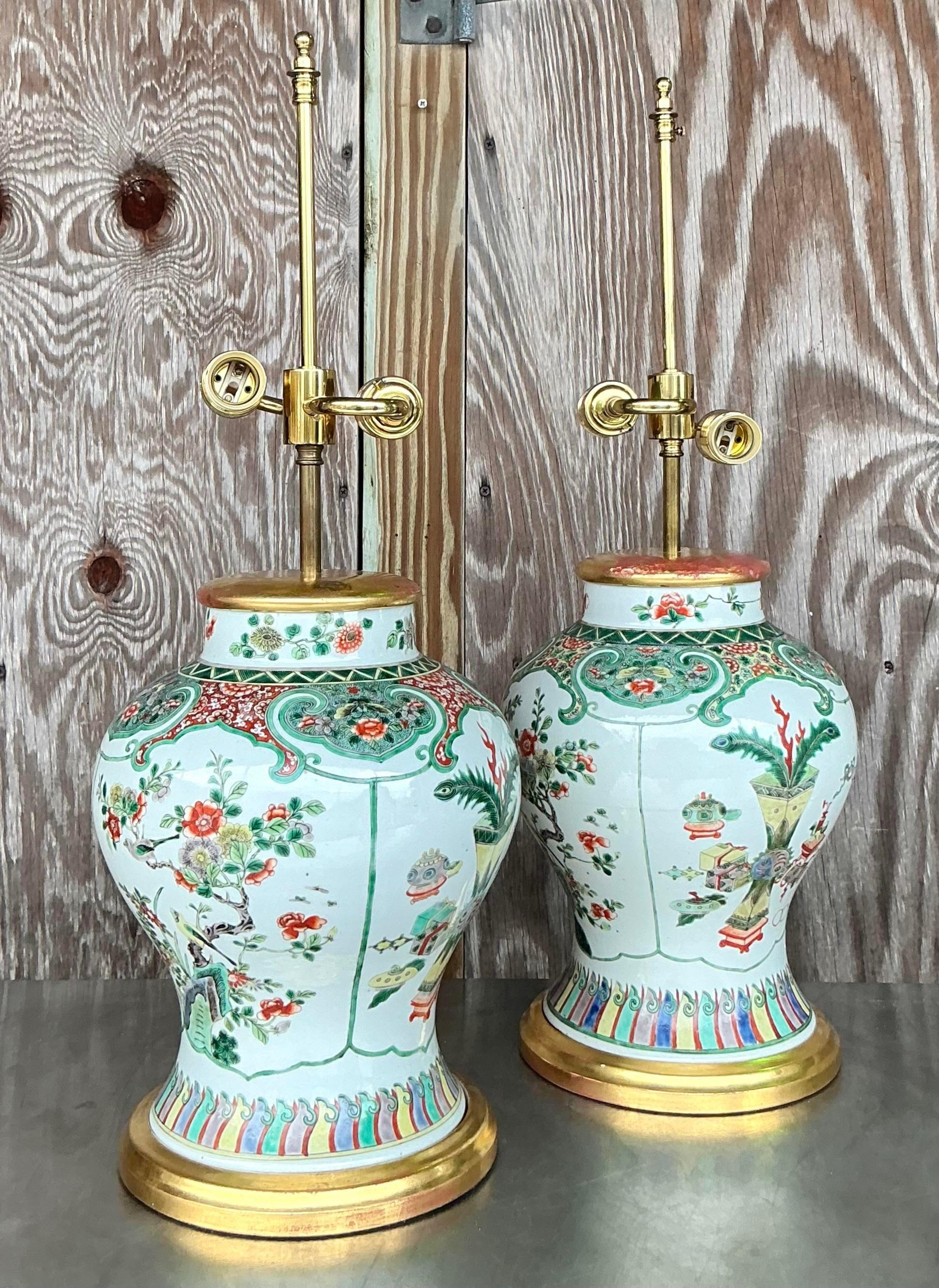 20th Century Vintage Asian Chinoiserie Glazed Ceramic Lamps - a Pair For Sale