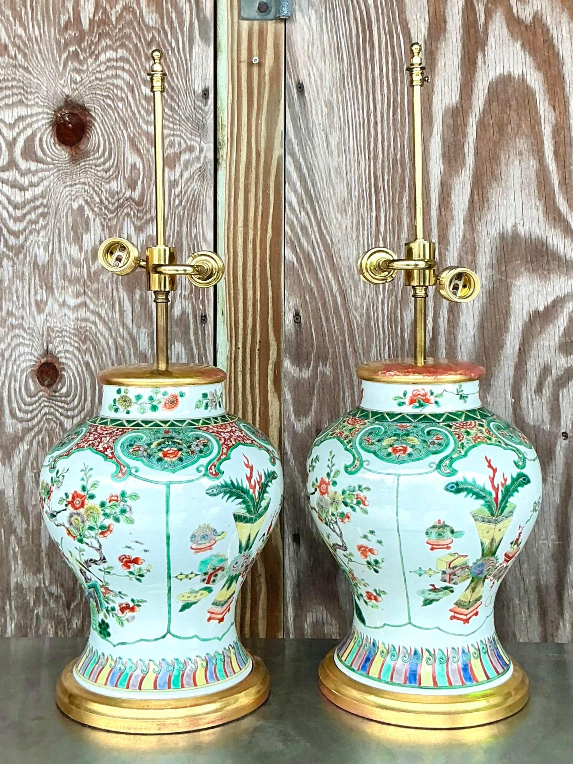 Metal Vintage Asian Chinoiserie Glazed Ceramic Lamps - a Pair For Sale
