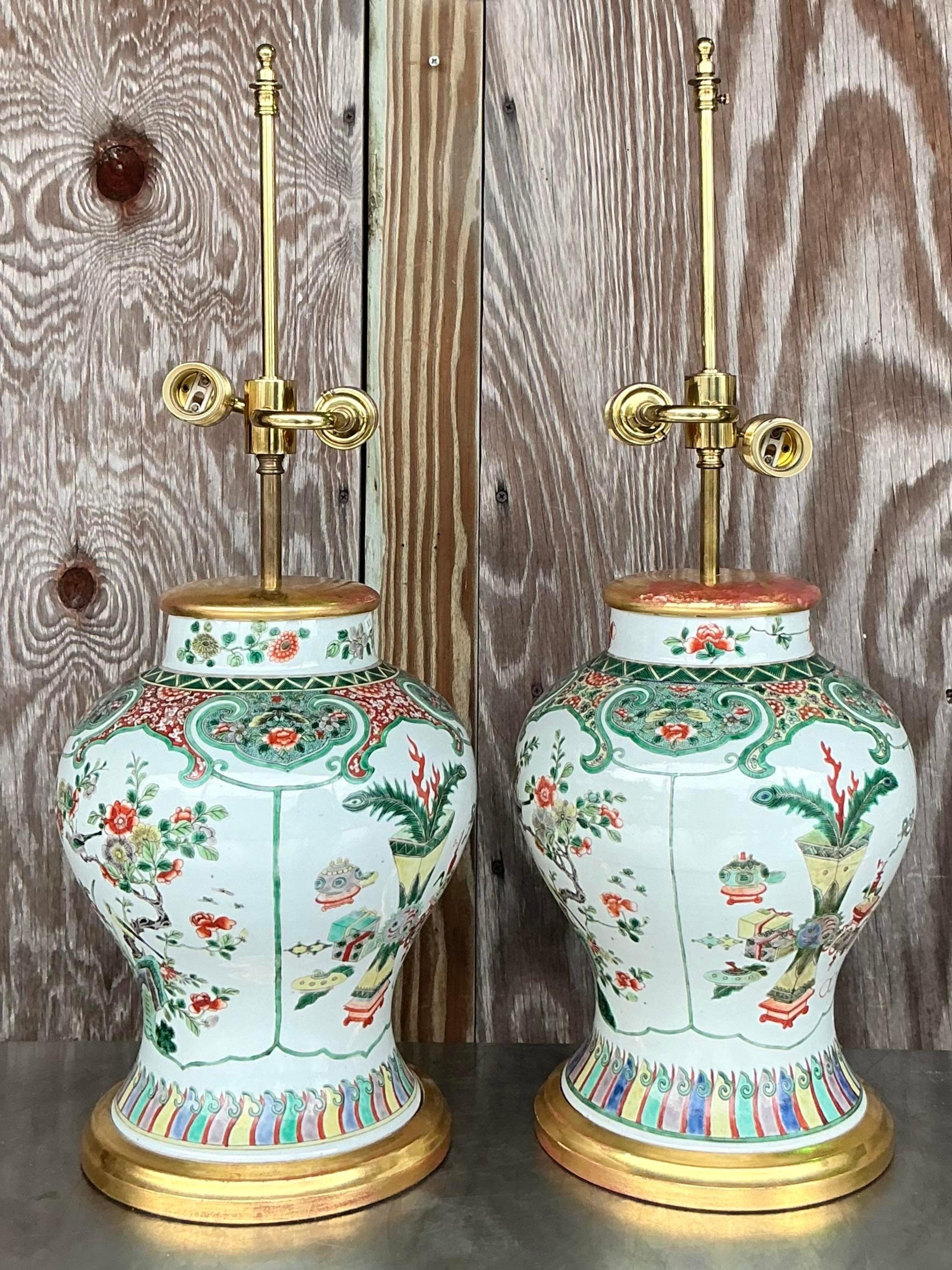 Vintage Asian Chinoiserie Glazed Ceramic Lamps - a Pair For Sale 1