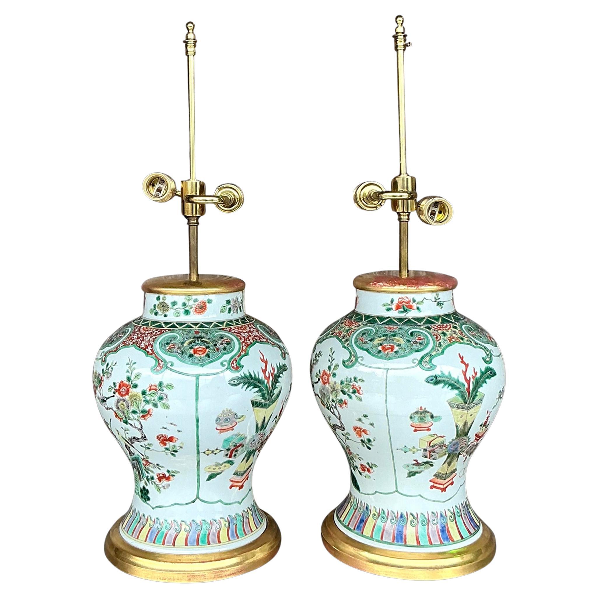 Asiatische Chinoiserie-Lampen aus glasierter Keramik im Vintage-Stil, Paar