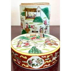 Vintage Asian Chinoiserie Hand Painted Lidded Vase