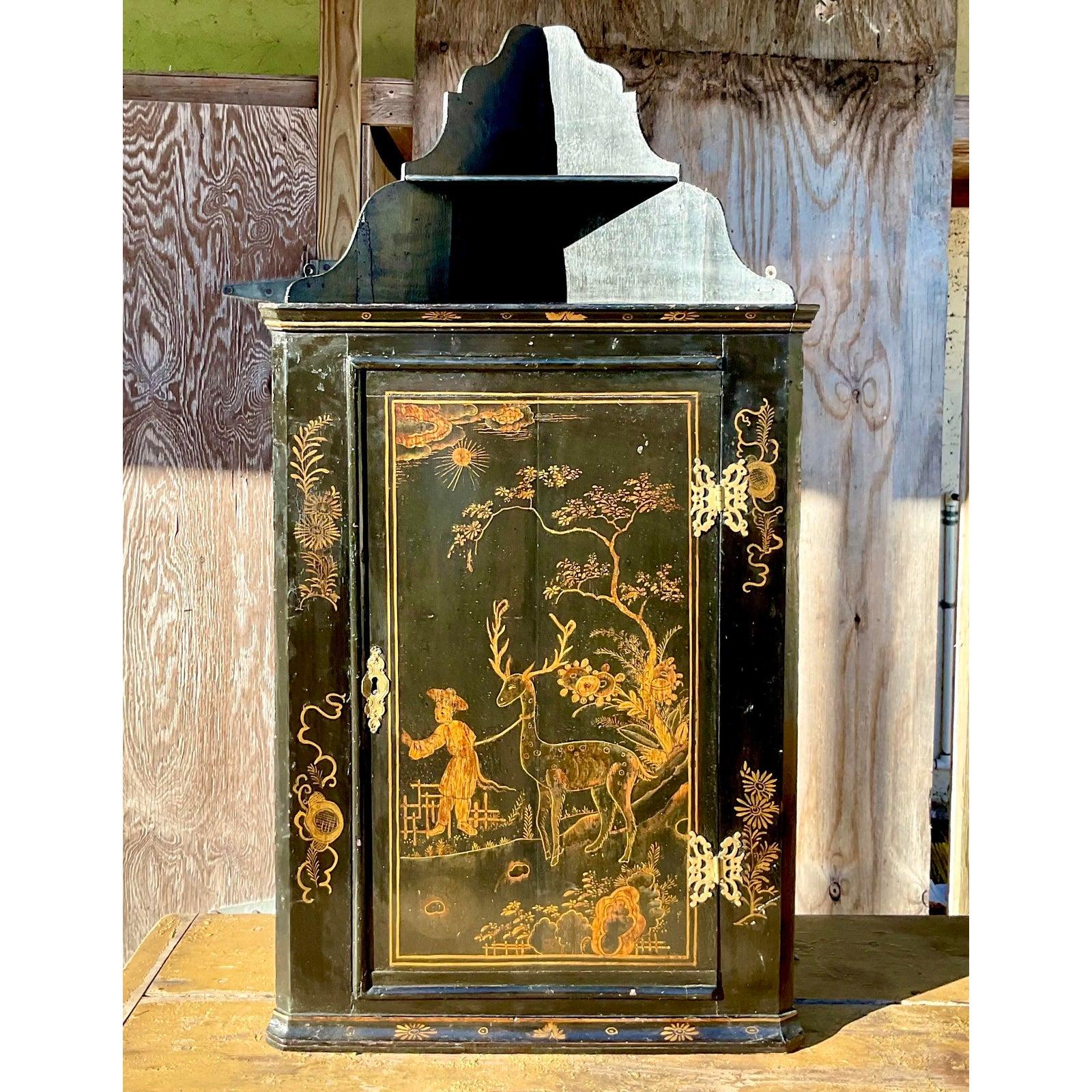 North American Vintage Asian Chinoiserie Lacquered Corner Cabinet