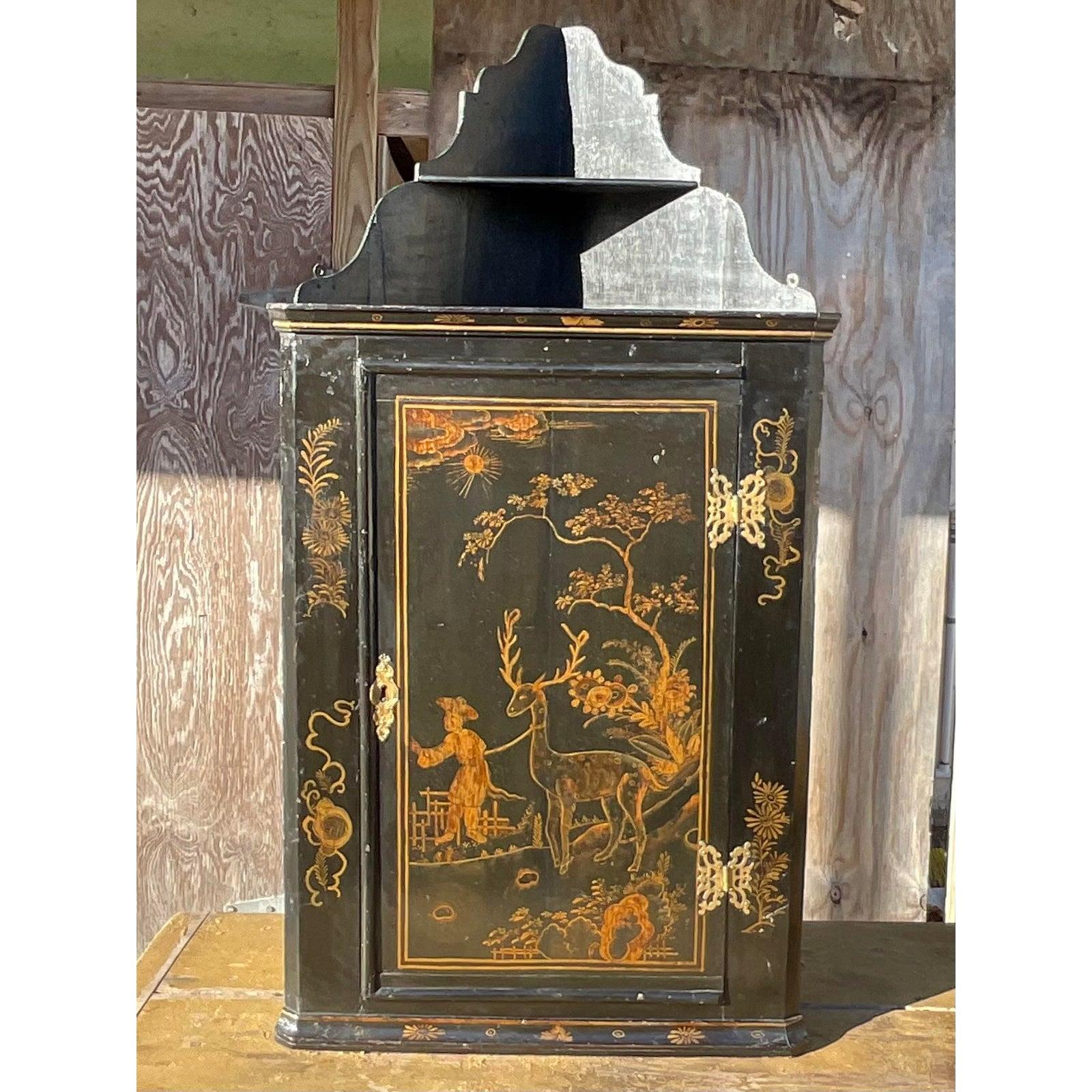 Vintage Asian Chinoiserie Lacquered Corner Cabinet In Good Condition In west palm beach, FL