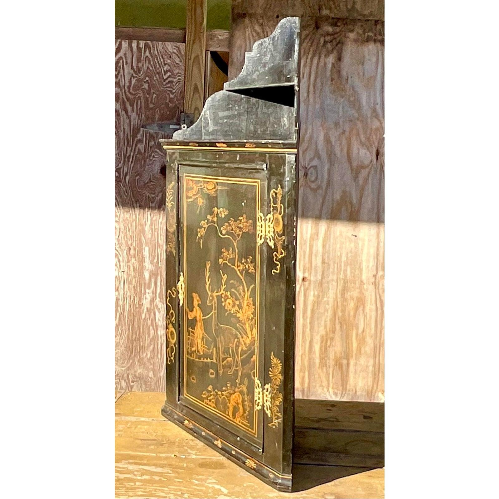 Vintage Asian Chinoiserie Lacquered Corner Cabinet 1