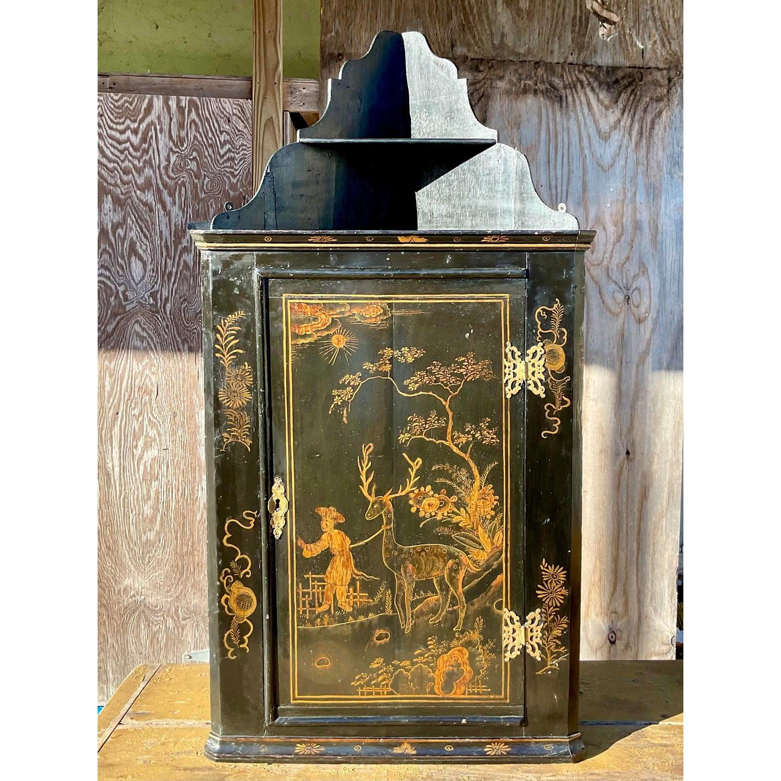 Vintage Asian Chinoiserie Lacquered Corner Cabinet 2