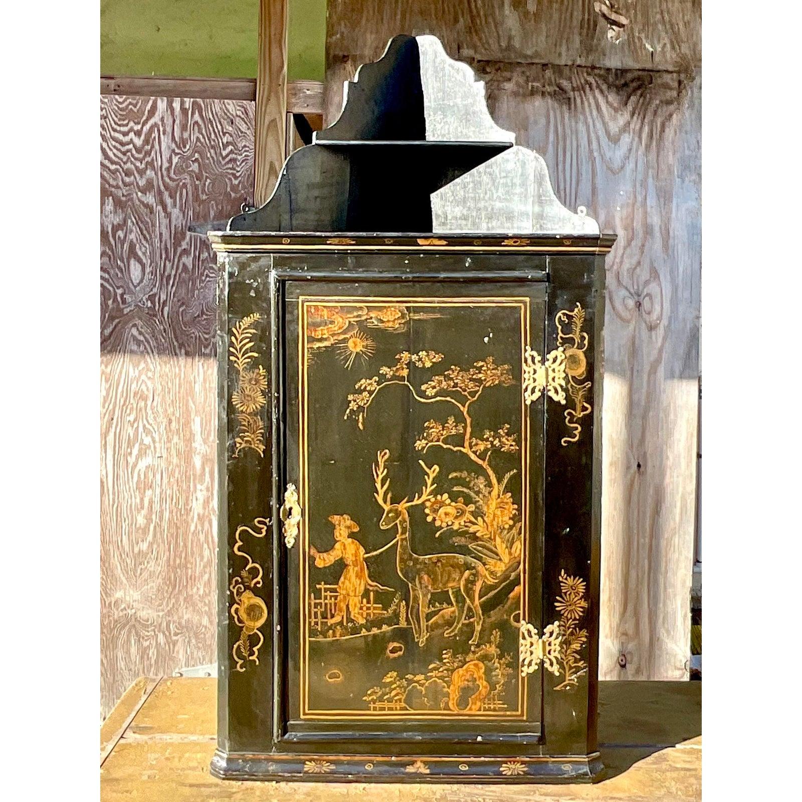 Vintage Asian Chinoiserie Lacquered Corner Cabinet 4