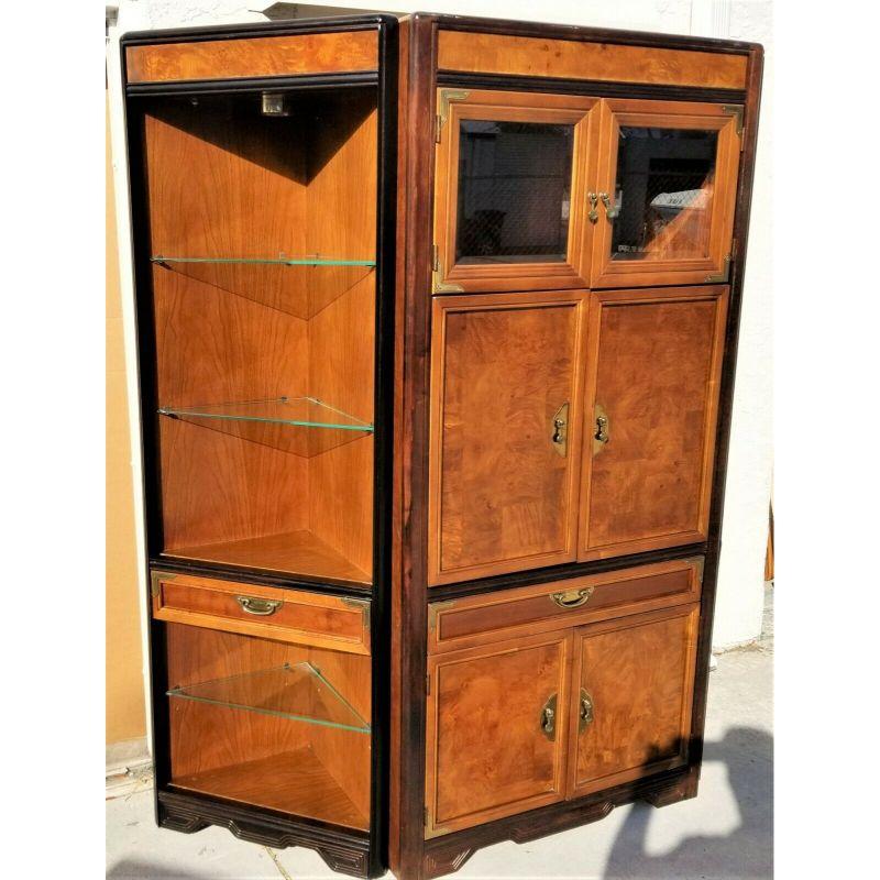Offering one of our recent Palm Beach Estate fine furniture acquisitions of a
3 piece Broyhill Asian chinoiserie lighted dry bar cabinet with display cases.

Features burl wood on front panels, solid brass pulls, waterproof and stain-proof