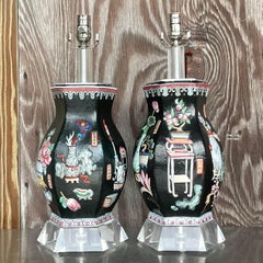 Vintage Asian Chinoiserie Relief Glazed Ceramic Lamps - a Pair