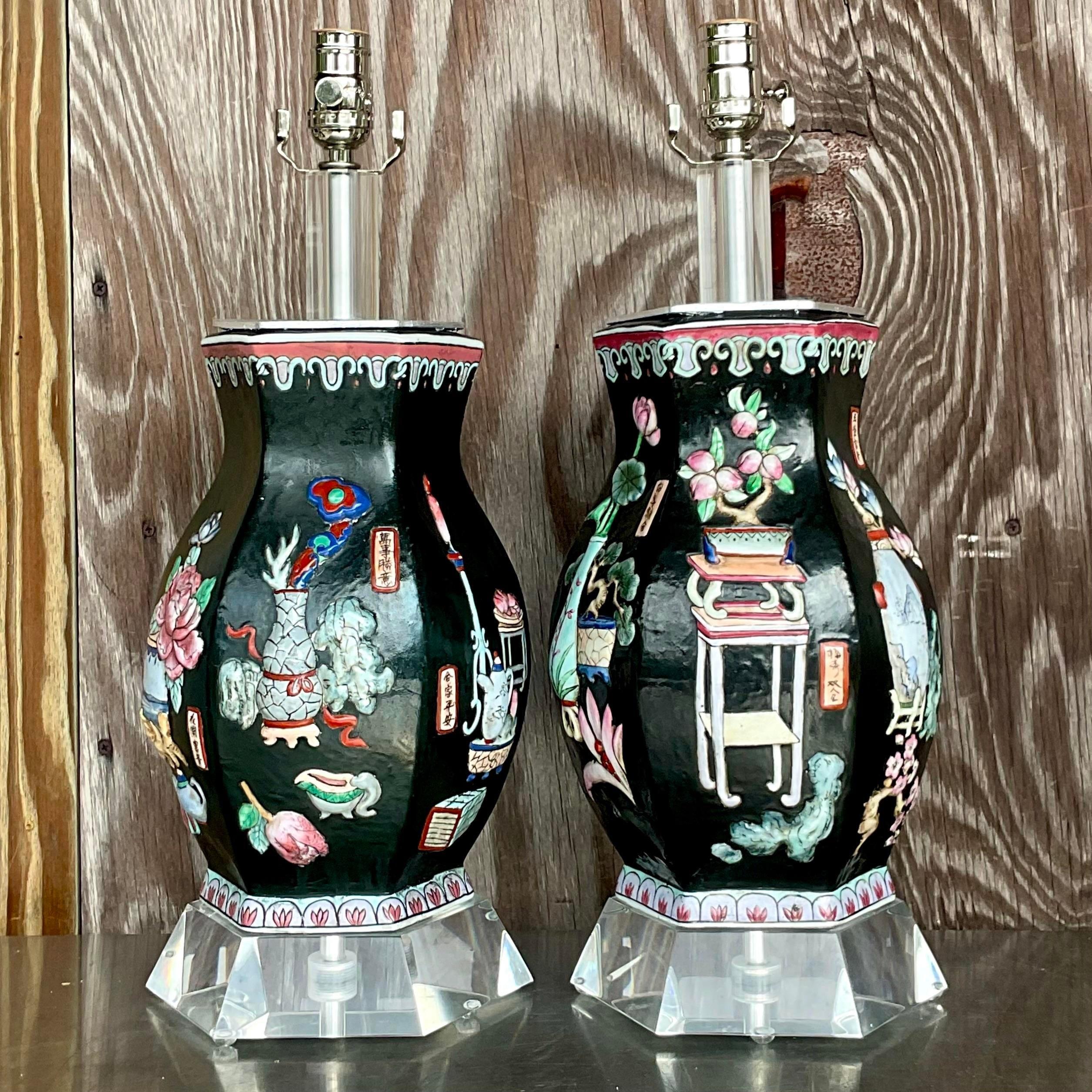 American Vintage Asian Chinoiserie Relief Glazed Ceramic Lamps - a Pair For Sale